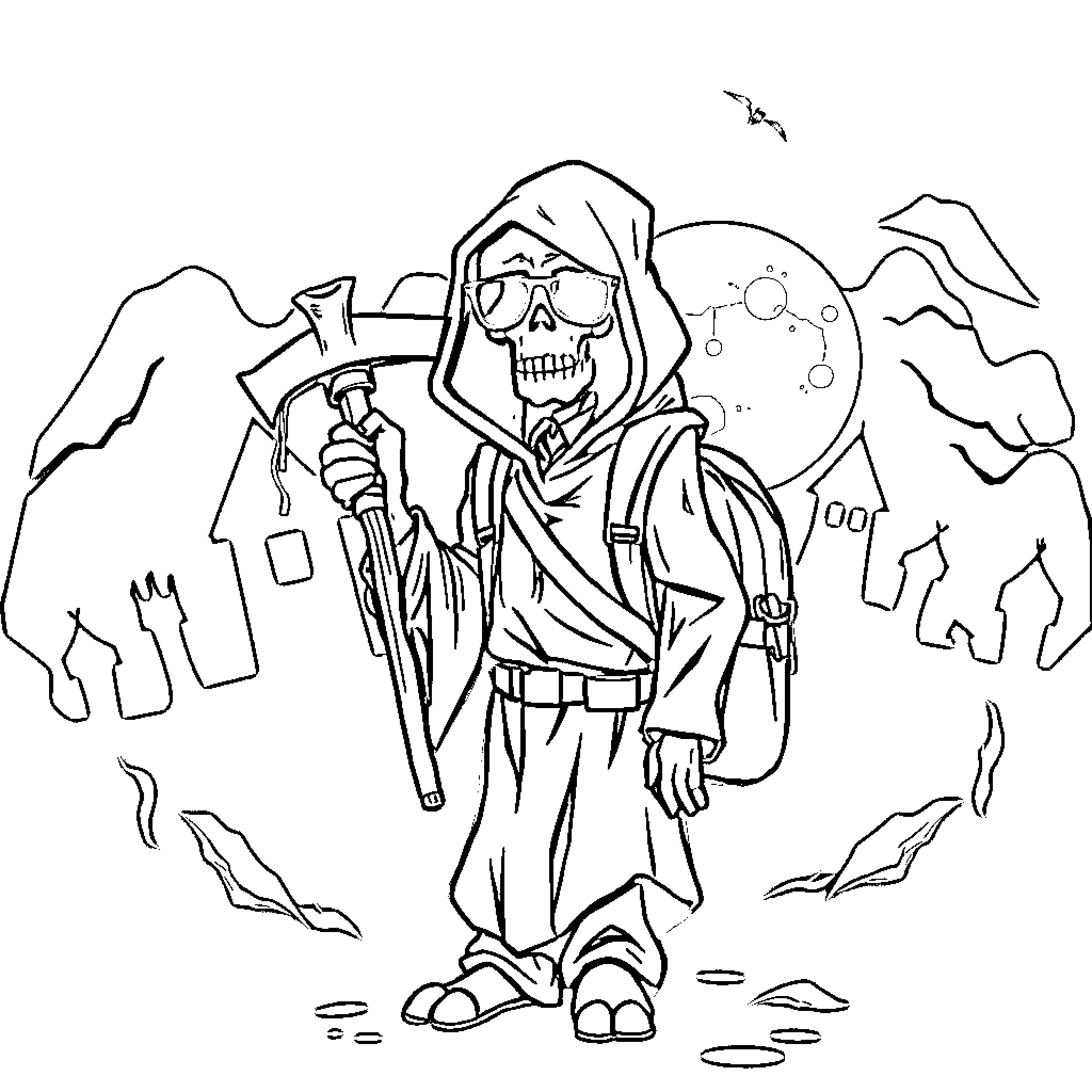 Reaper Traversing the Rugged Landscape Coloring Page (free black-and-white line drawing printable PDF for all, from beginners to advanced learners, including children, teens, adults, and seniors)