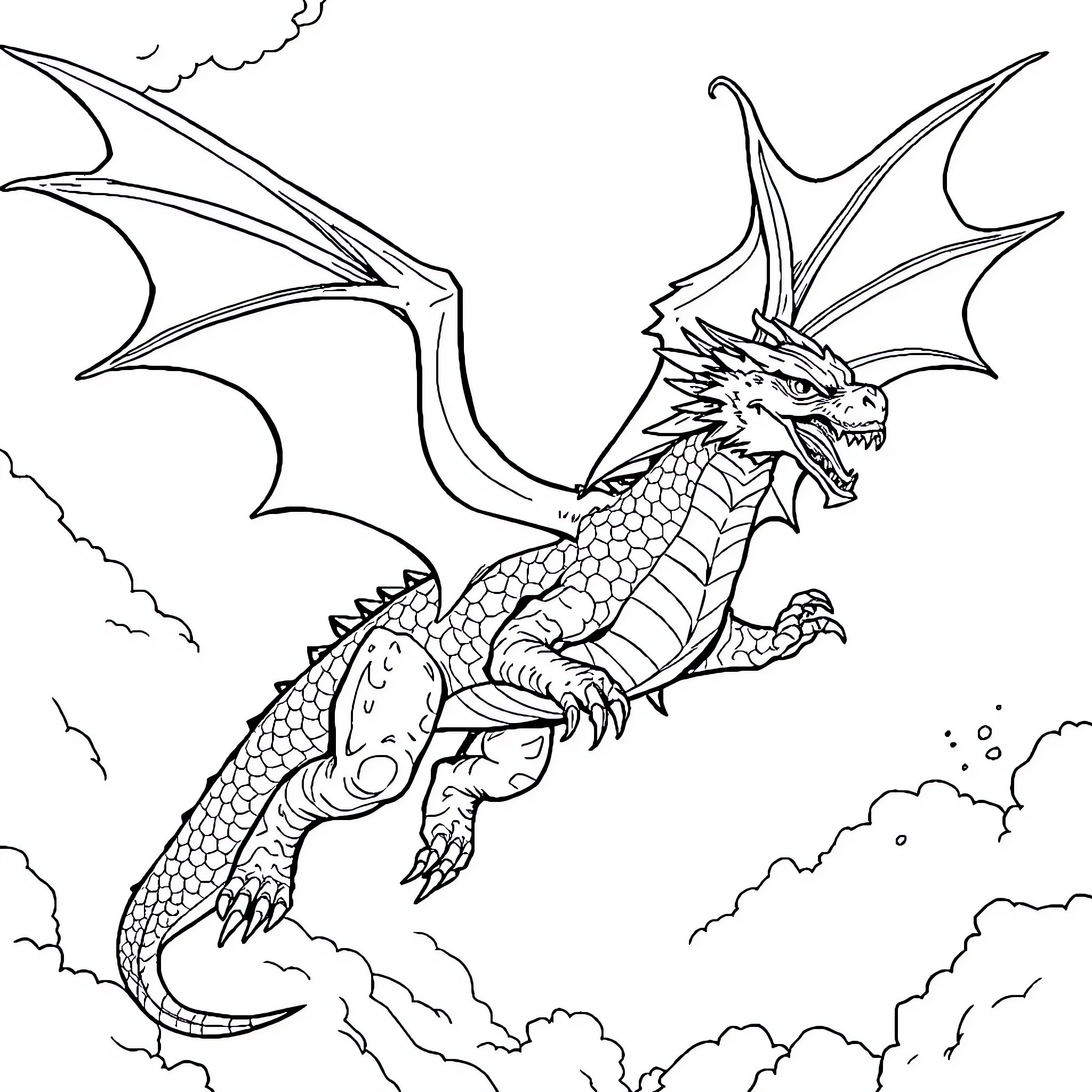 Dragon Soaring Majestically in the Skies Coloring Page (free black-and-white line drawing printable PDF for all, from beginners to advanced learners, including children, teens, adults, and seniors)
