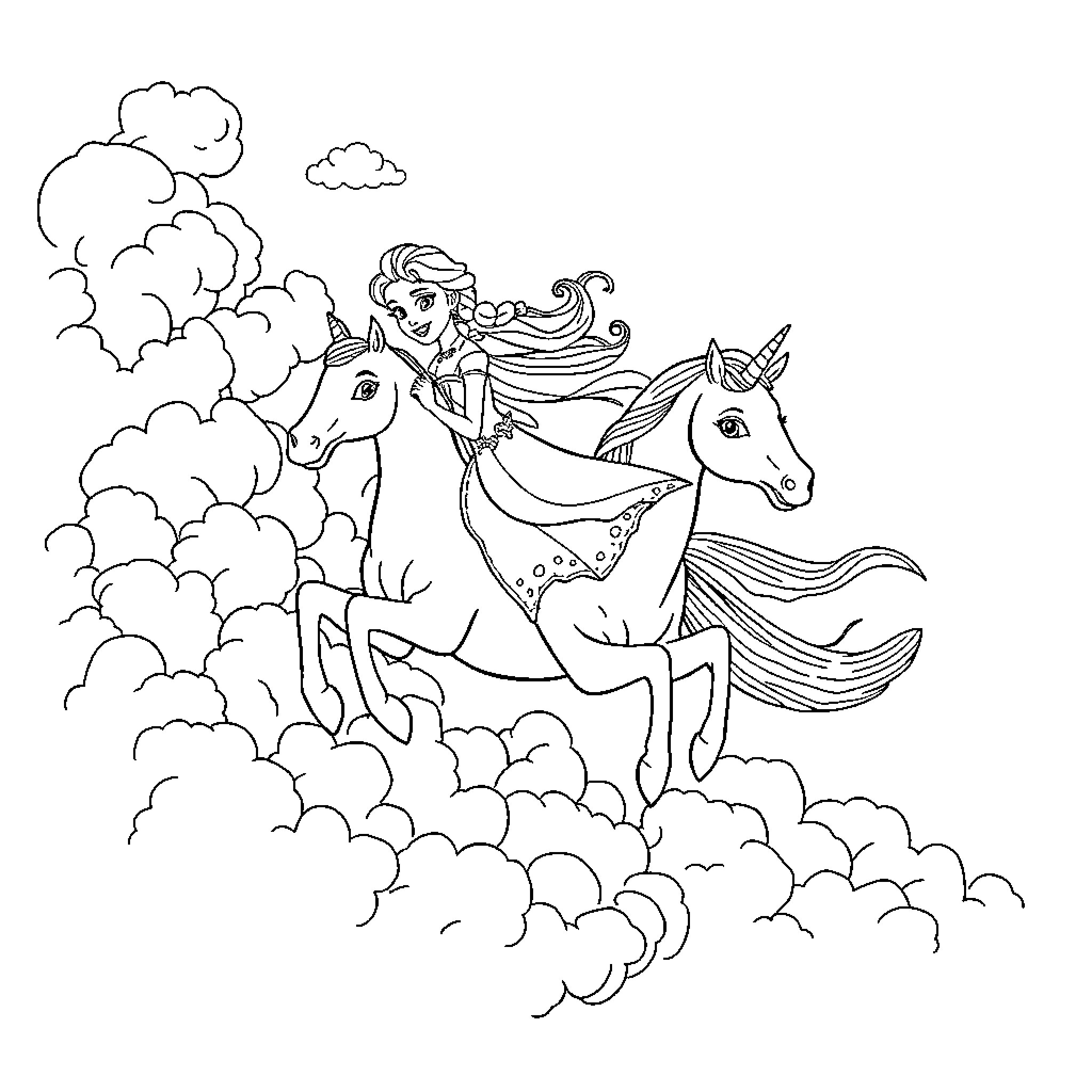 Unicorn Princess Riding Through Clouds Coloring Page (free black-and-white line drawing printable PDF for all, from beginners to advanced learners, including children, teens, adults, and seniors)