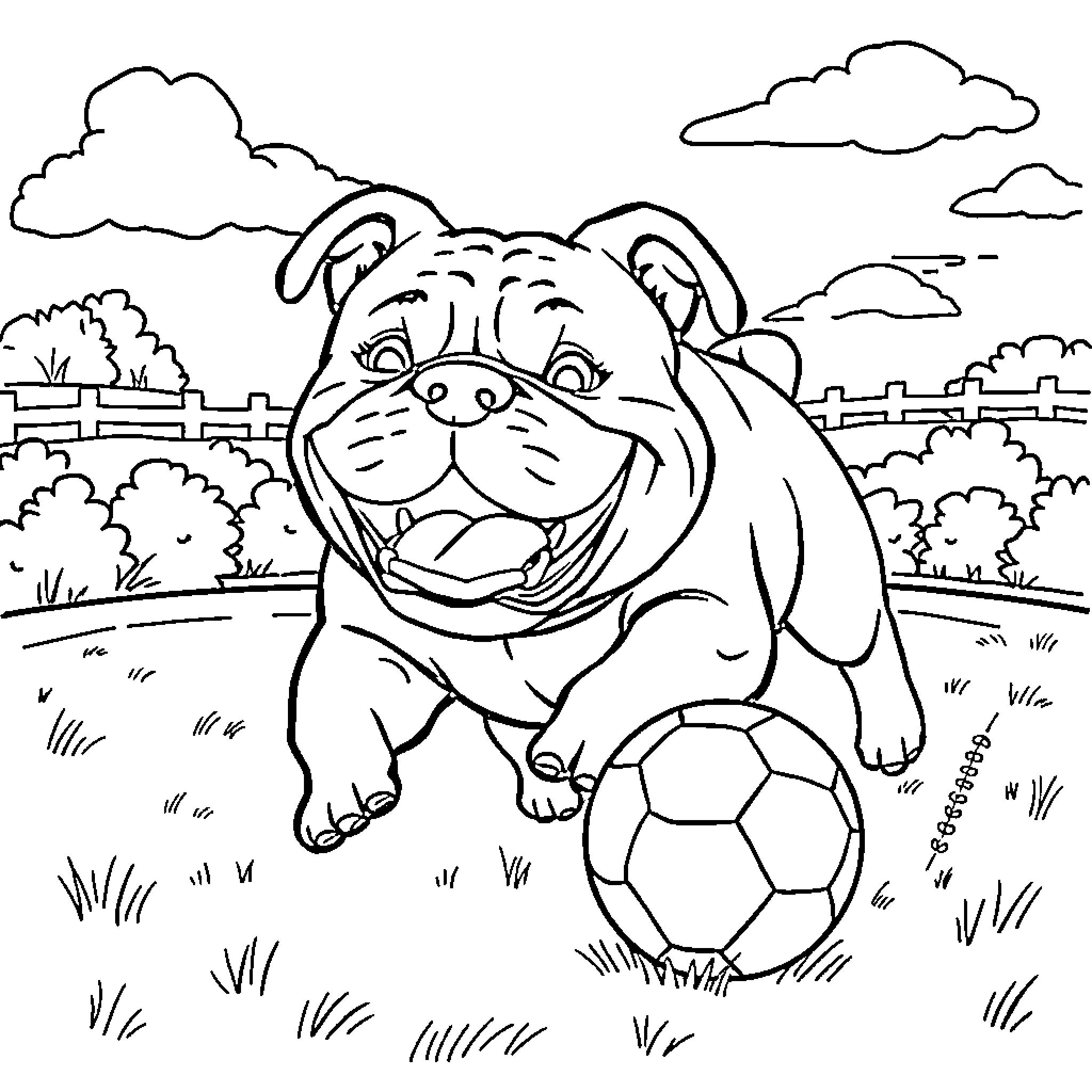 Bulldog playing happily with a soccer ball in the park Coloring Page (free black-and-white line drawing printable PDF for all, from beginners to advanced learners, including children, teens, adults, and seniors)