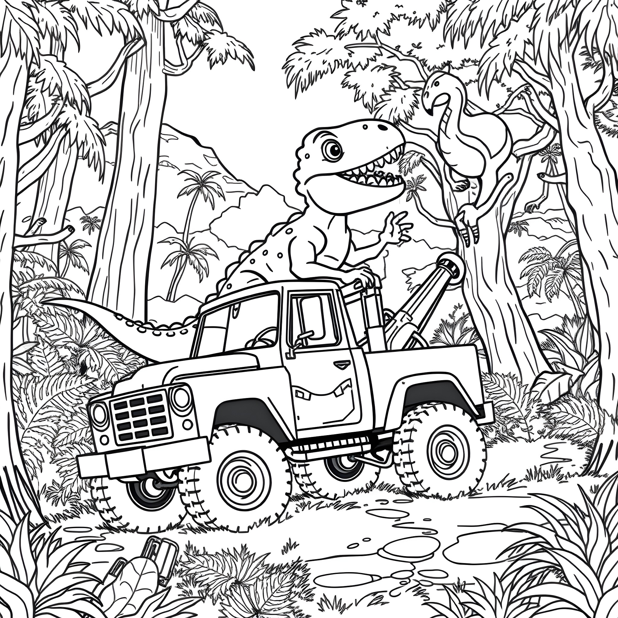 Dinosaur exploring the jungle in a jeep Coloring Page (free black-and-white line drawing printable PDF for all, from beginners to advanced learners, including children, teens, adults, and seniors)