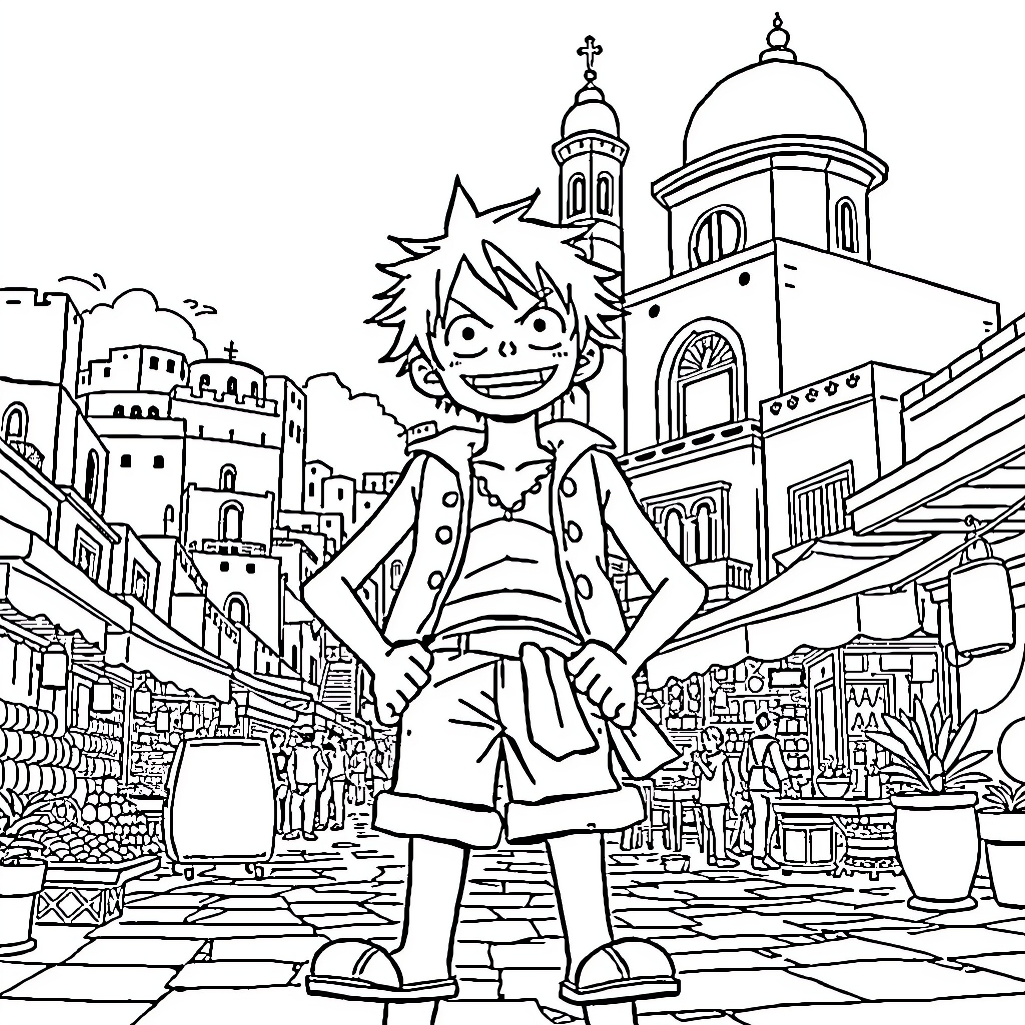 Luffy exploring the bustling town Coloring Page (free black-and-white line drawing printable PDF for all, from beginners to advanced learners, including children, teens, adults, and seniors)