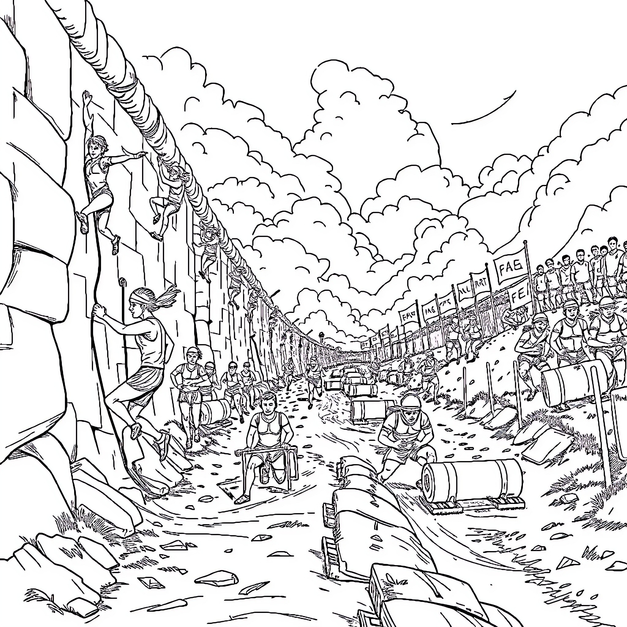 Spartan warriors march in battle formation Coloring Page (free black-and-white line drawing printable PDF for all, from beginners to advanced learners, including children, teens, adults, and seniors)