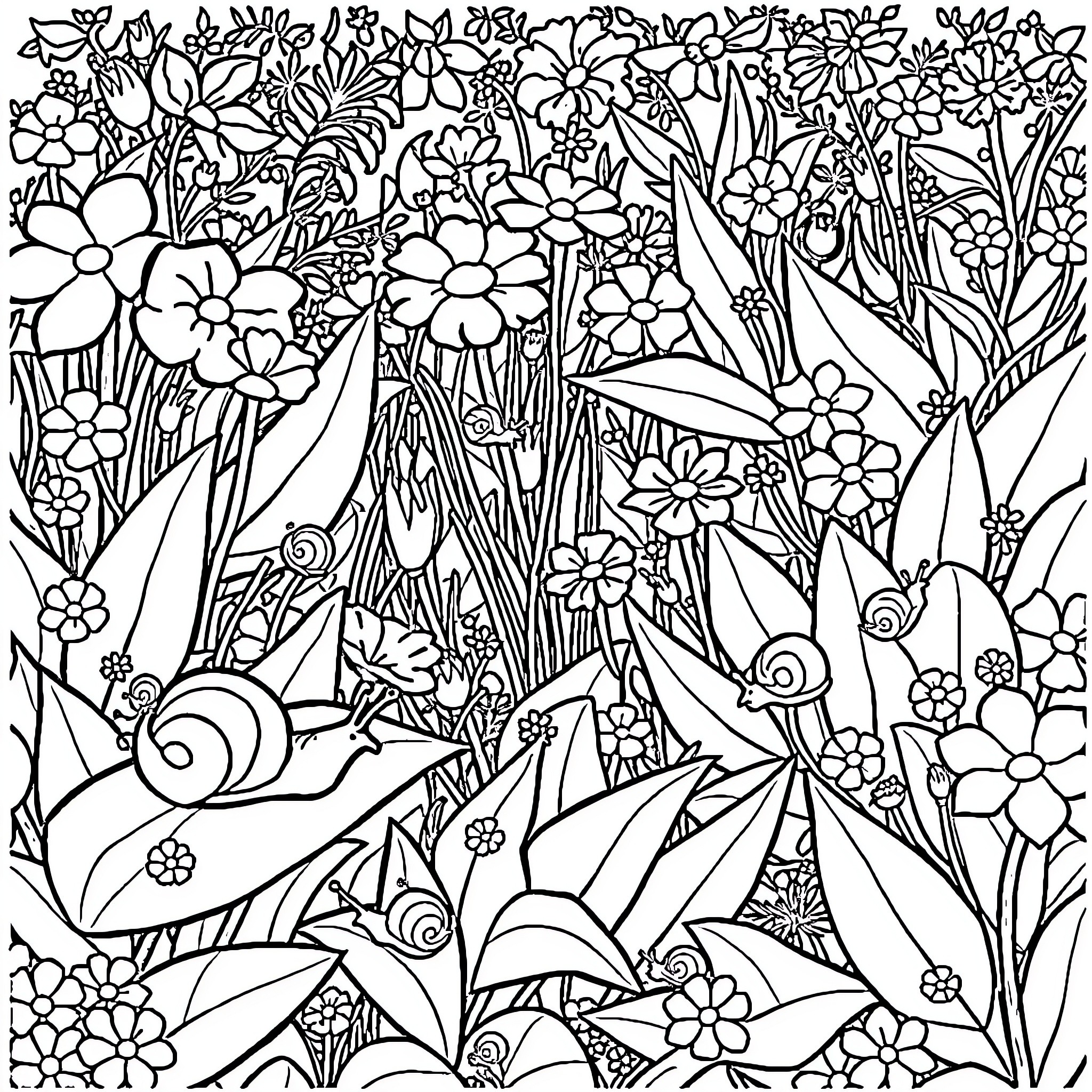 Snail wandering amidst vibrant floral garden Coloring Page (free black-and-white line drawing printable PDF for all, from beginners to advanced learners, including children, teens, adults, and seniors)