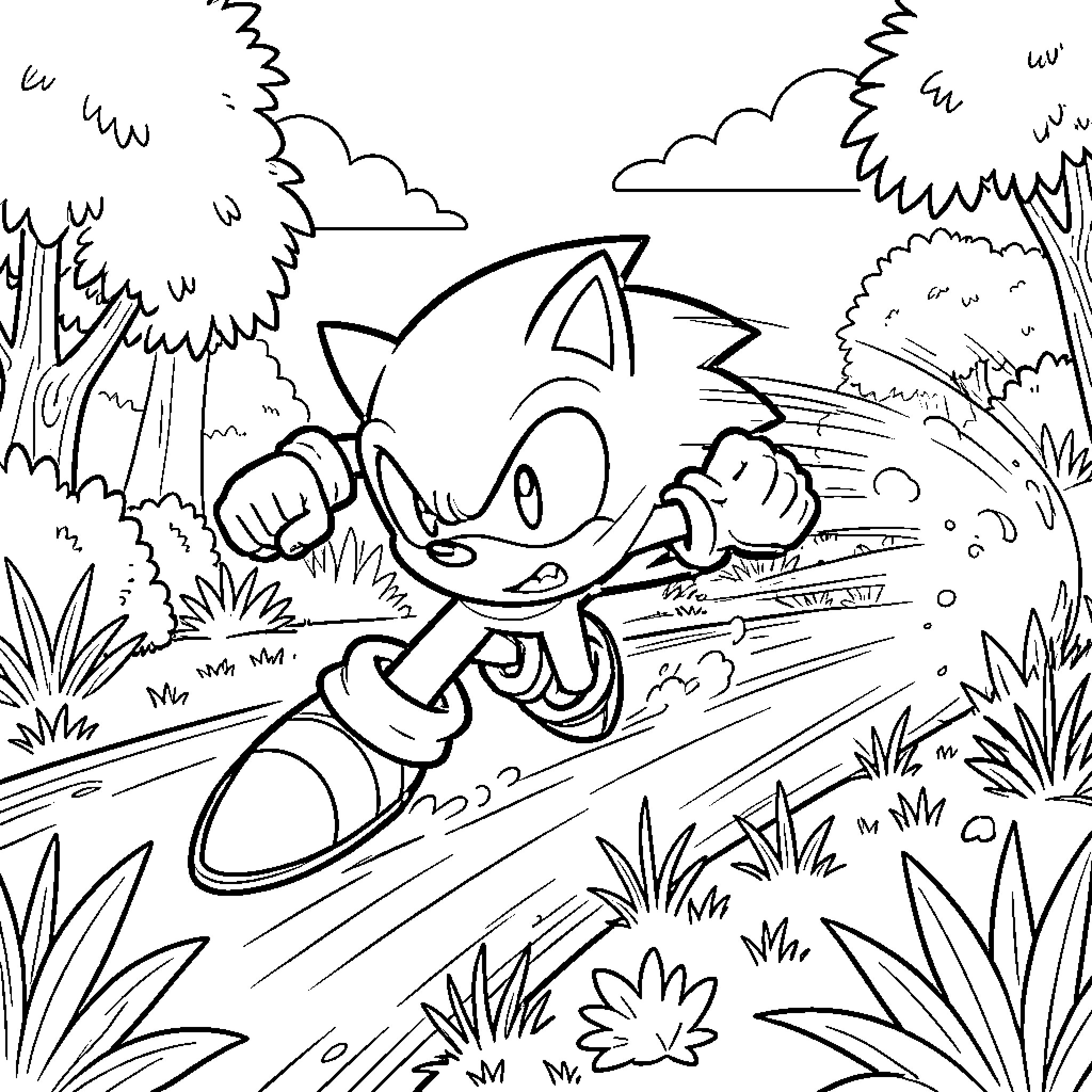Sonic running through the forest Coloring Page (free black-and-white line drawing printable PDF for all, from beginners to advanced learners, including children, teens, adults, and seniors)