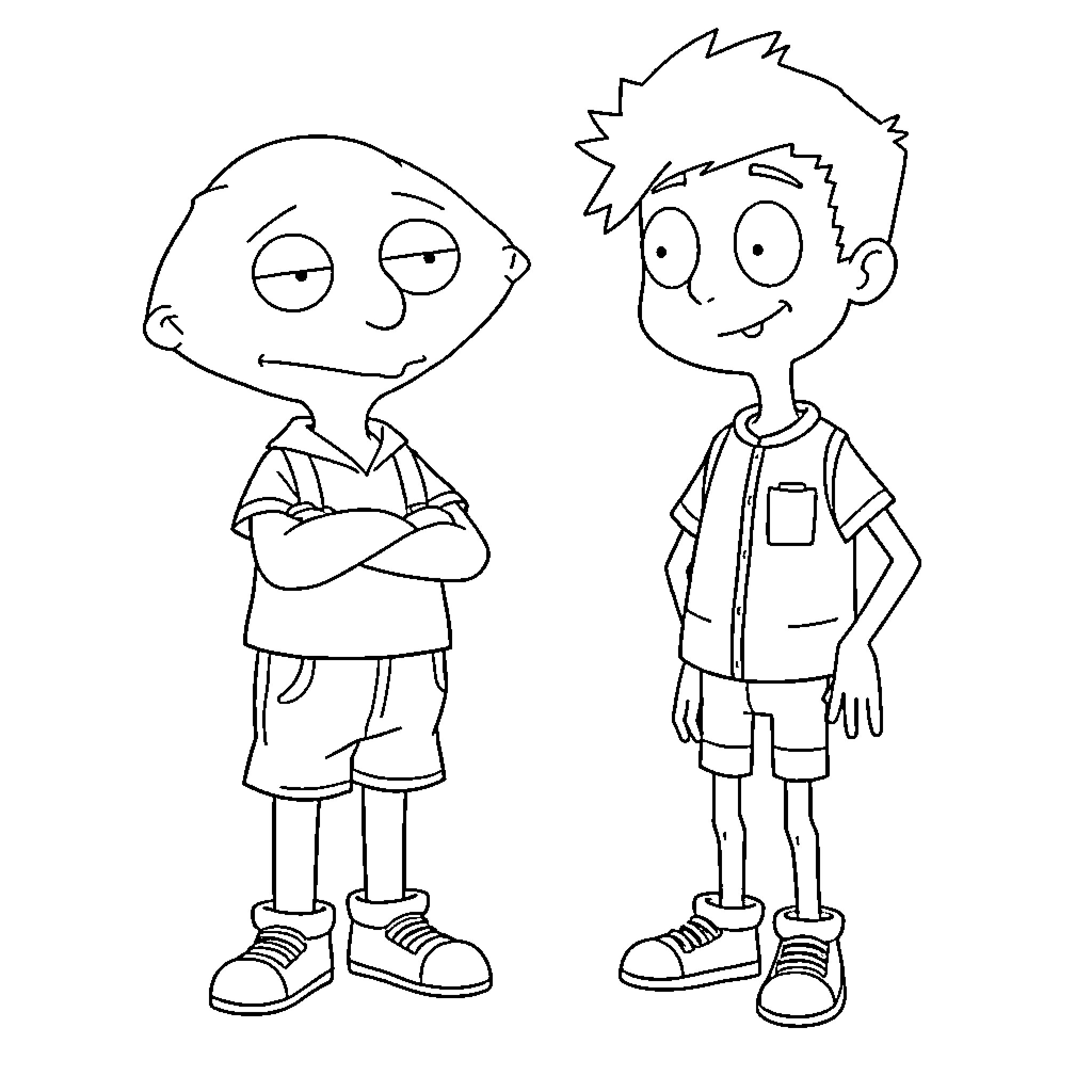 Stewie Griffin and friend in animated style Coloring Page (free black-and-white line drawing printable PDF for all, from beginners to advanced learners, including children, teens, adults, and seniors)