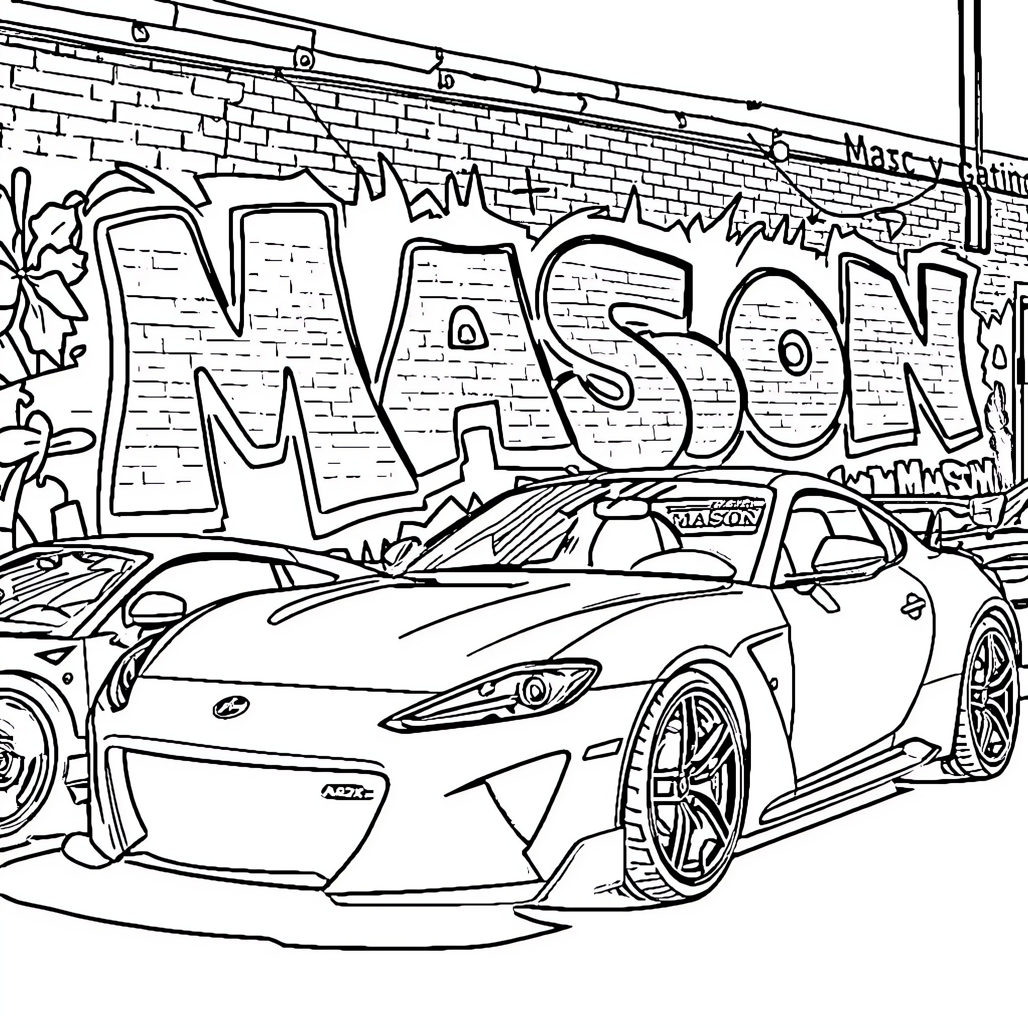 Sports Car in Graffiti Street Scene Coloring Page (free black-and-white line drawing printable PDF for all, from beginners to advanced learners, including children, teens, adults, and seniors)