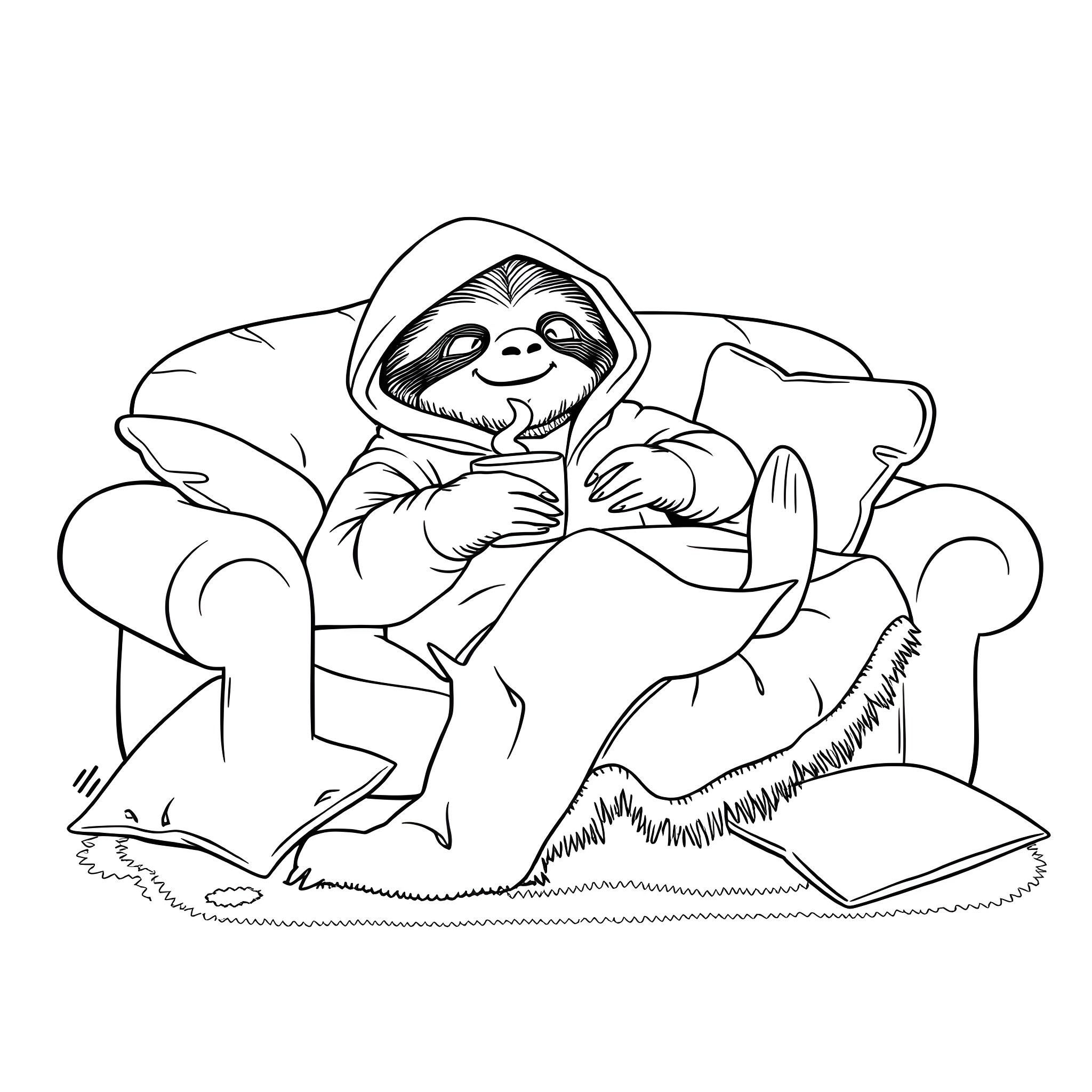 Sloth relaxing comfortably on the couch Coloring Page (free black-and-white line drawing printable PDF for all, from beginners to advanced learners, including children, teens, adults, and seniors)