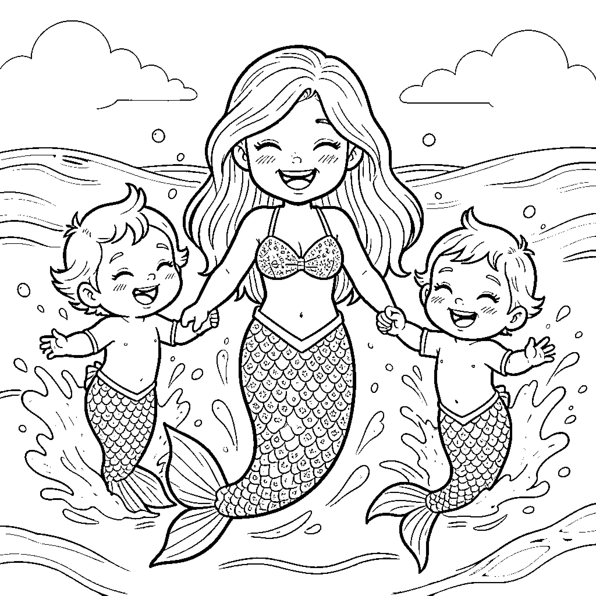 Mermaid plays joyfully with young merchildren in the sea Coloring Page (free black-and-white line drawing printable PDF for all, from beginners to advanced learners, including children, teens, adults, and seniors)
