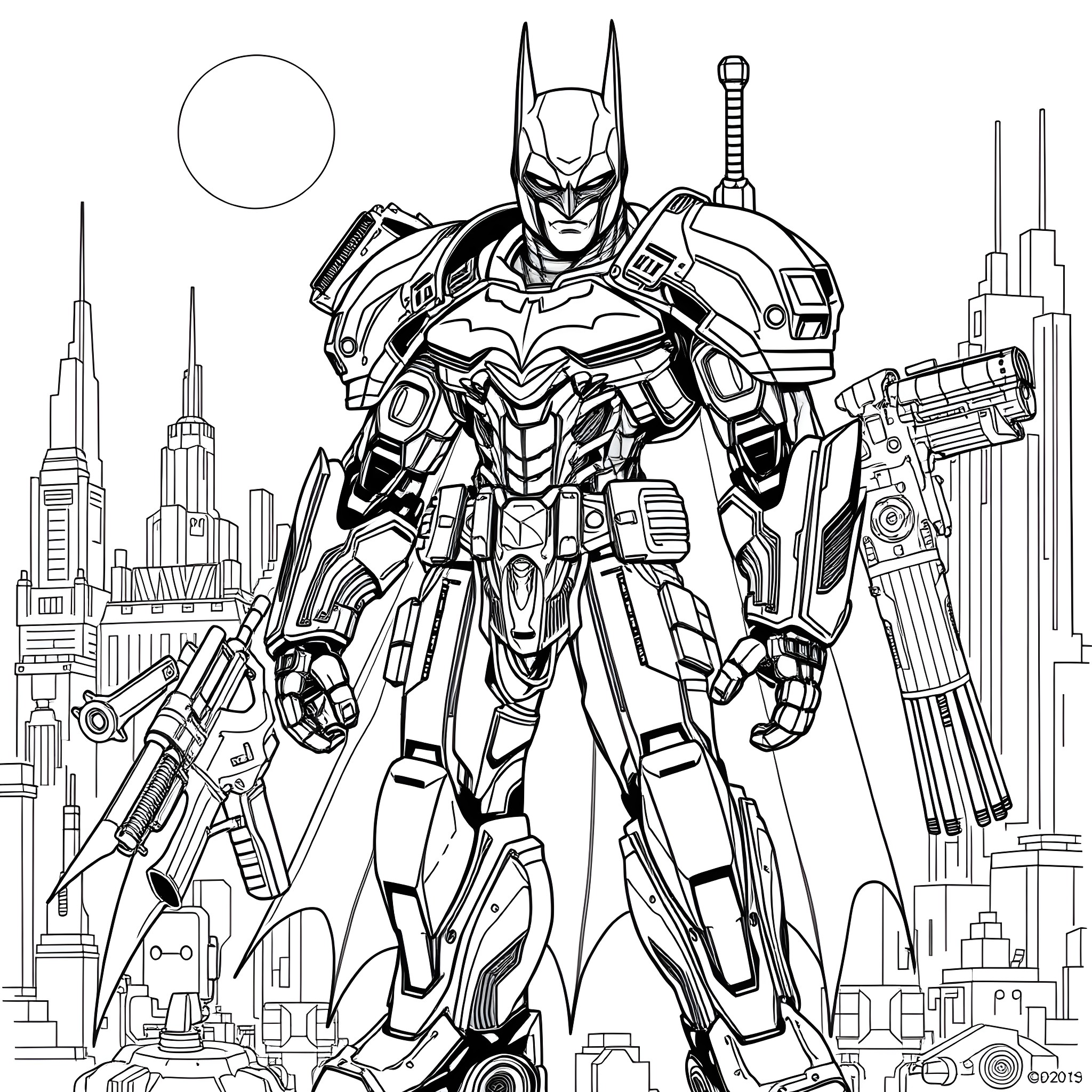 Mecha Batman prowls the cyberpunk cityscape Coloring Page (free black-and-white line drawing printable PDF for all, from beginners to advanced learners, including children, teens, adults, and seniors)