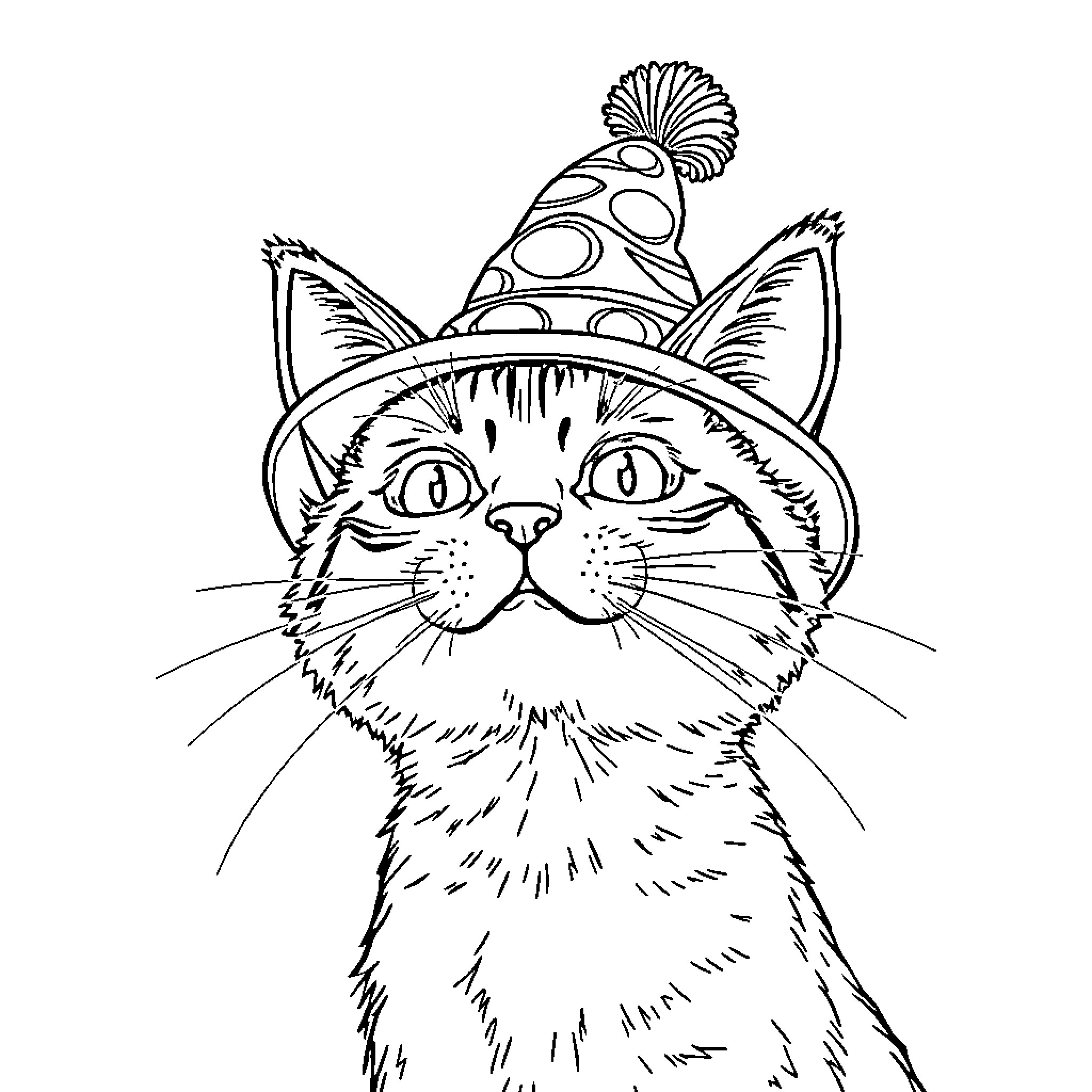 Cat wearing a festive hat Coloring Page (free black-and-white line drawing printable PDF for all, from beginners to advanced learners, including children, teens, adults, and seniors)