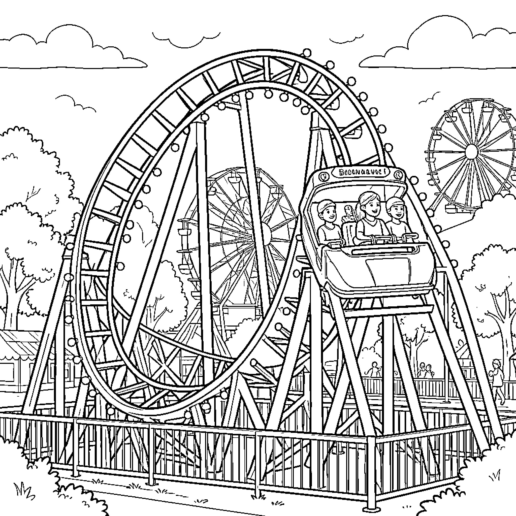 Montaña Rusa with excited people enjoying an amusement park Coloring Page (free black-and-white line drawing printable PDF for all, from beginners to advanced learners, including children, teens, adults, and seniors)