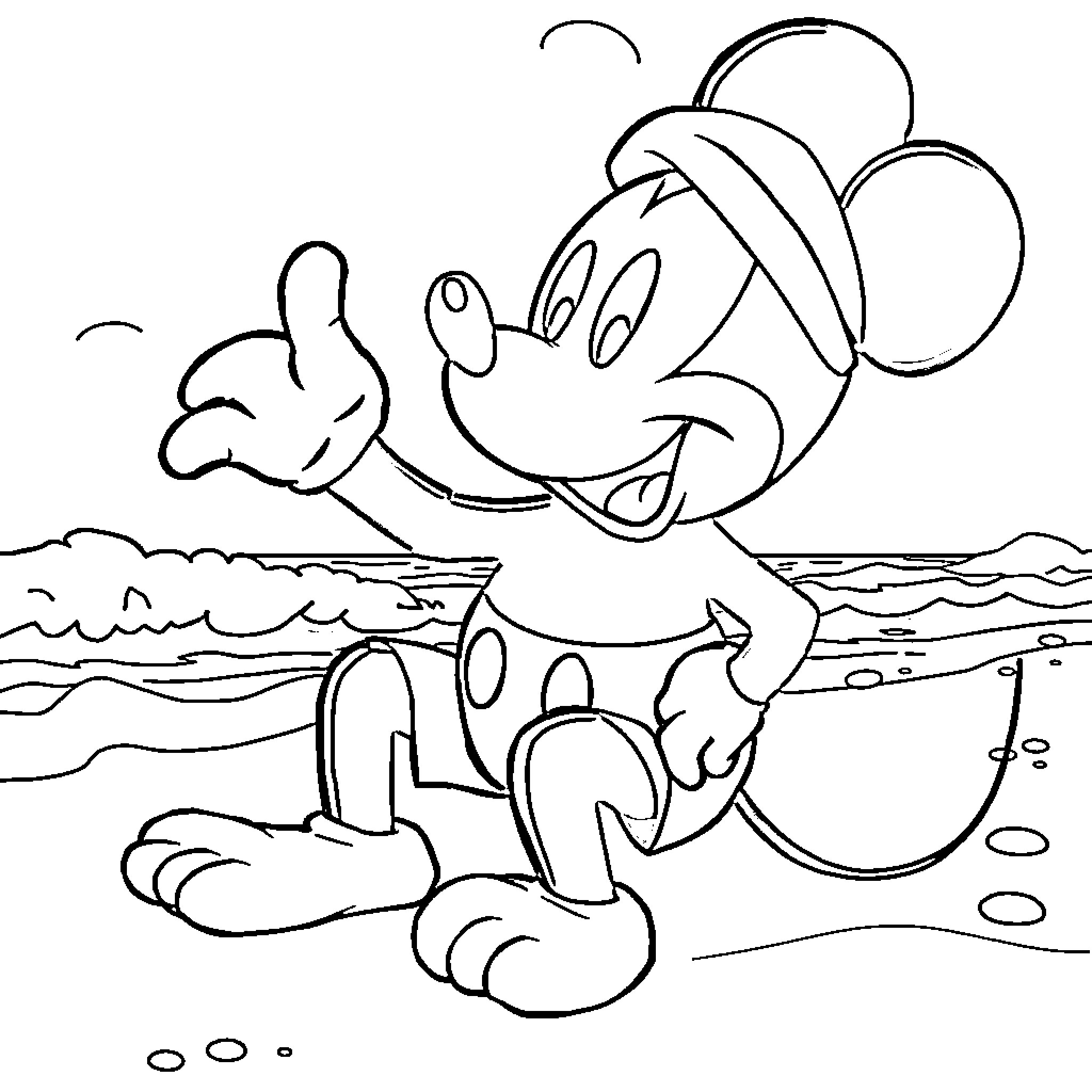 Mickey waving cheerfully at the beach Coloring Page (free black-and-white line drawing printable PDF for all, from beginners to advanced learners, including children, teens, adults, and seniors)