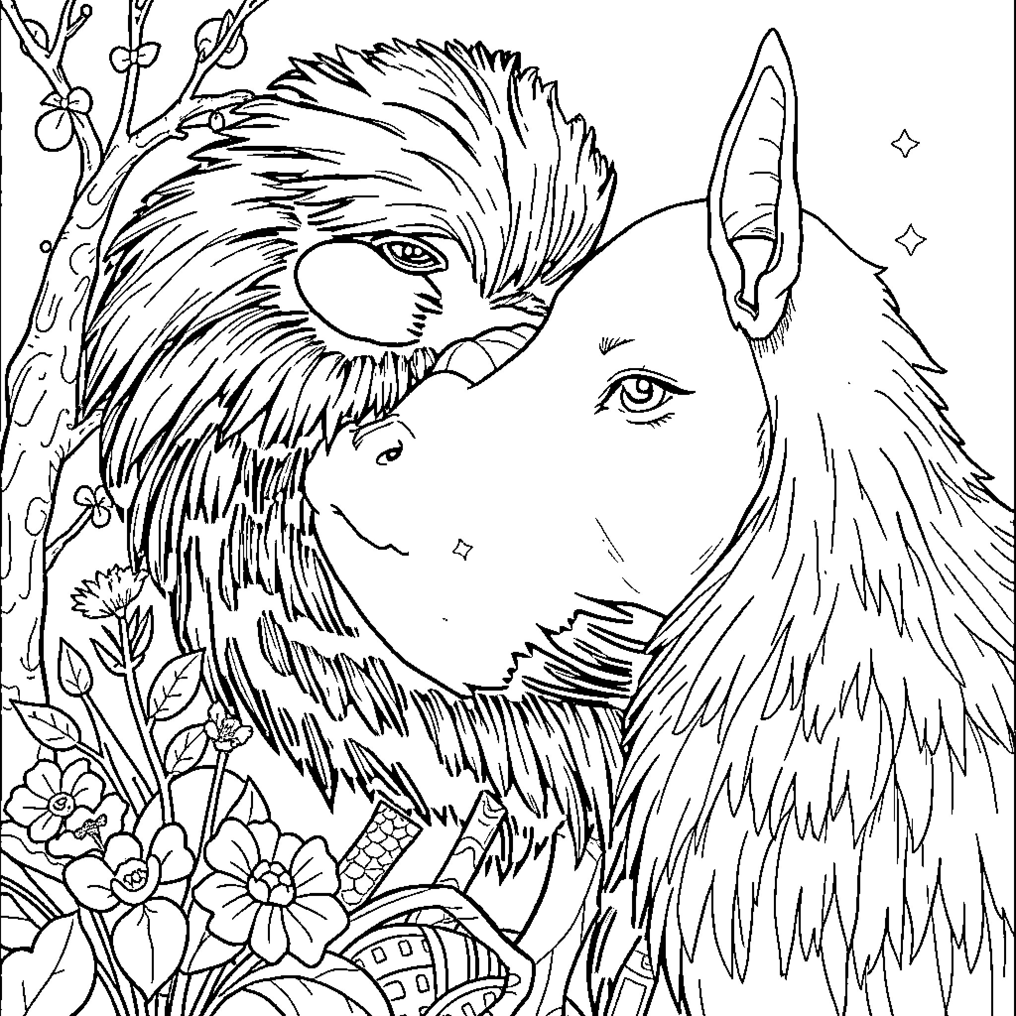 Painting of two wolves in a floral environment Coloring Page (free black-and-white line drawing printable PDF for all, from beginners to advanced learners, including children, teens, adults, and seniors)