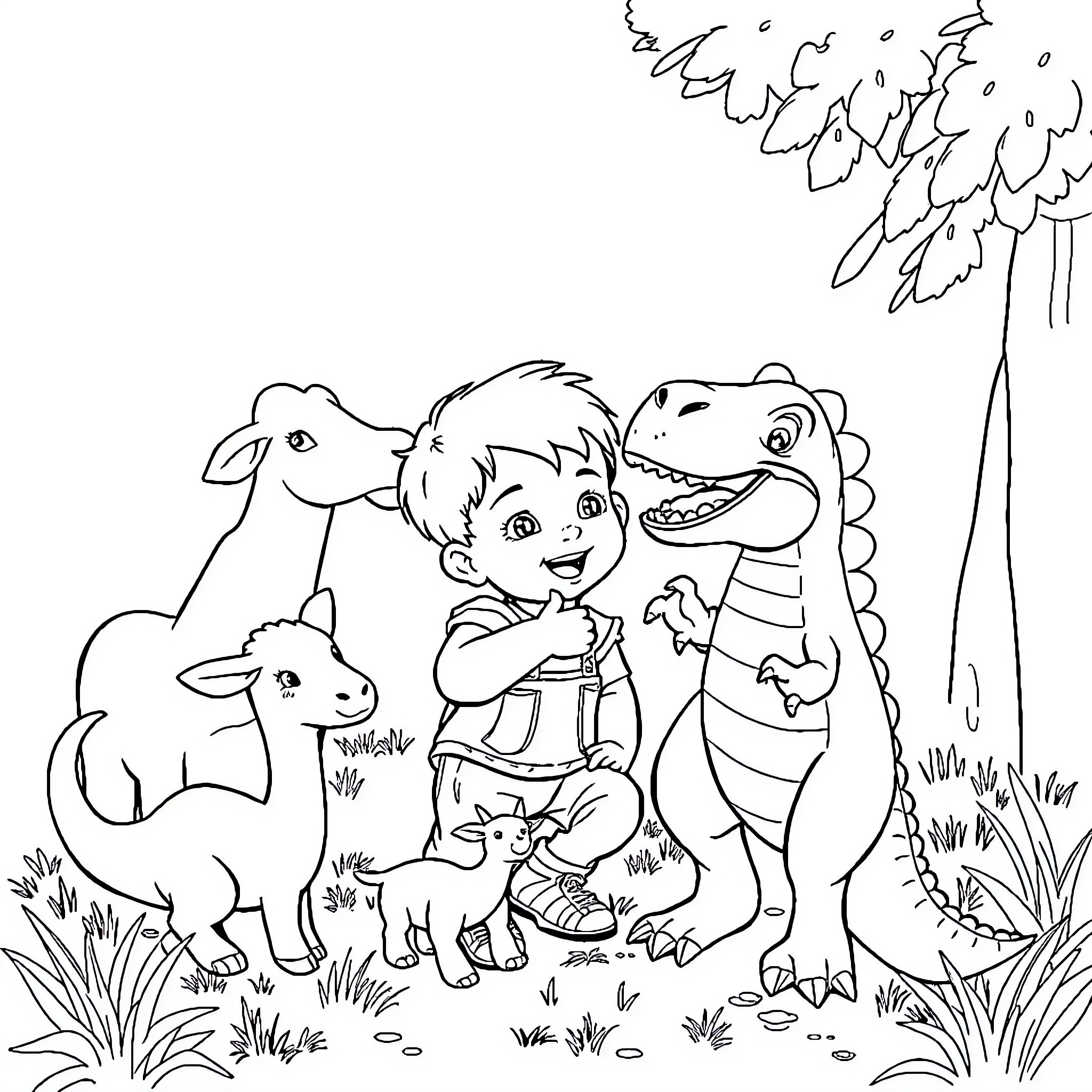 Niño jugando felizmente con animales en el bosque Coloring Page (free black-and-white line drawing printable PDF for all, from beginners to advanced learners, including children, teens, adults, and seniors)