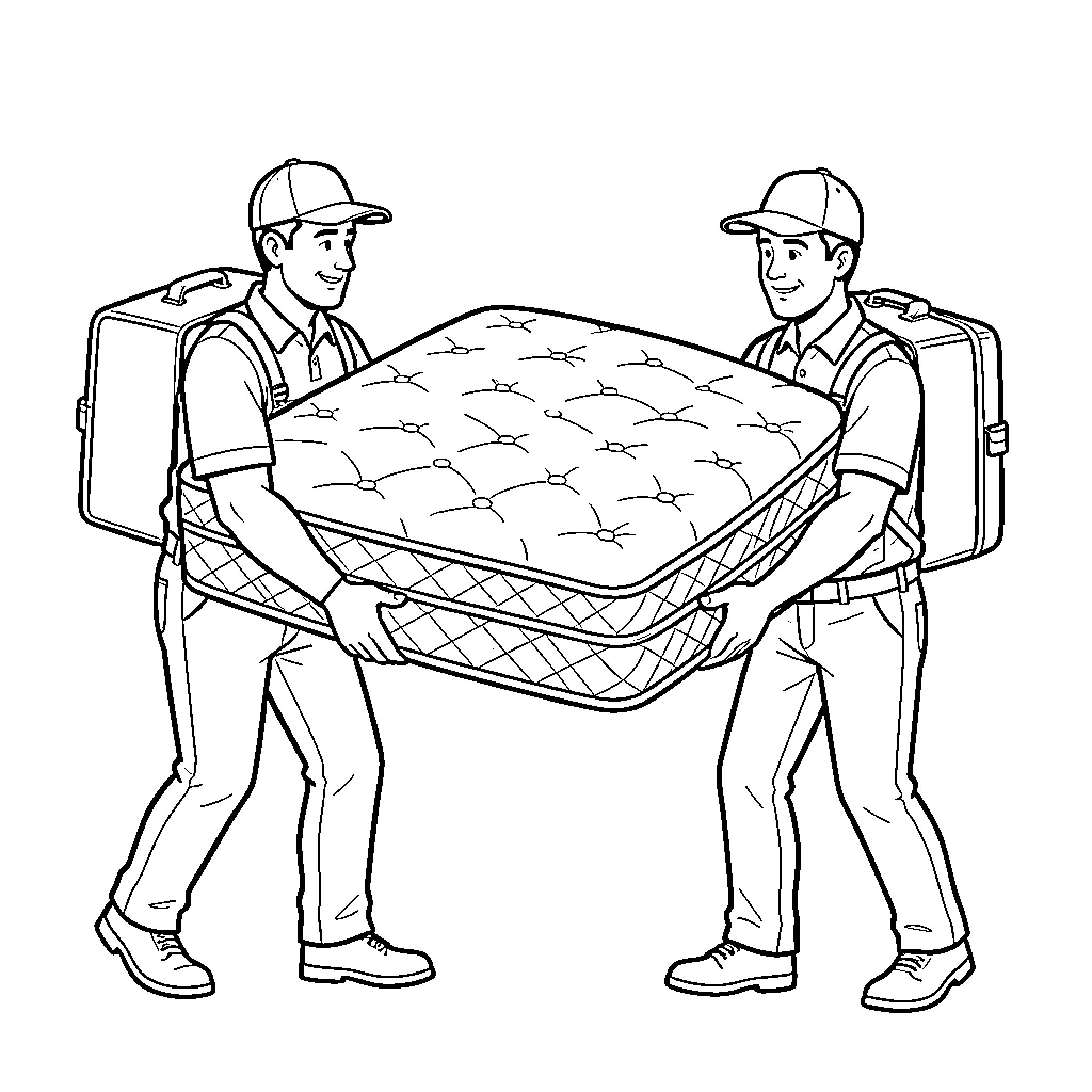 Delivery Man team carrying a large mattress together Coloring Page (free black-and-white line drawing printable PDF for all, from beginners to advanced learners, including children, teens, adults, and seniors)