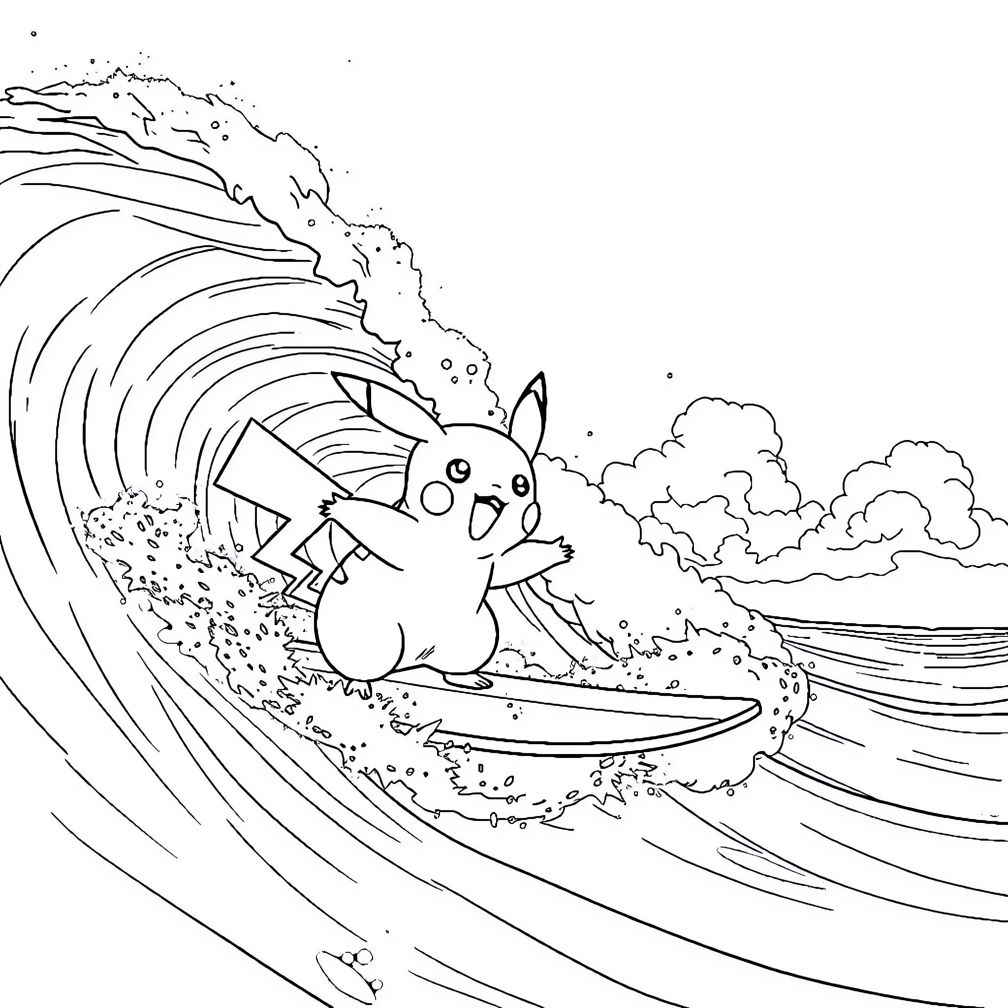 Pikachu surfing the epic wave Coloring Page (free black-and-white line drawing printable PDF for all, from beginners to advanced learners, including children, teens, adults, and seniors)