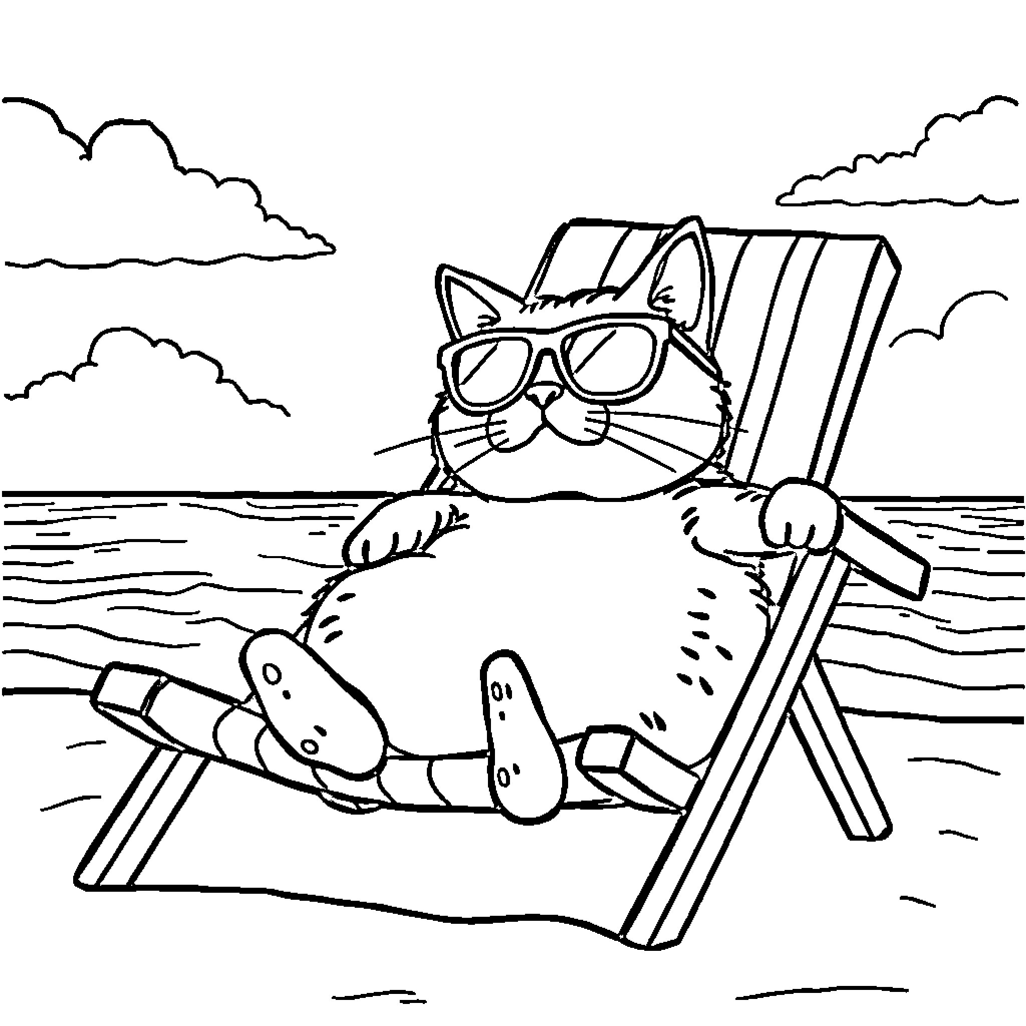 Cat relaxing on beach chair Coloring Page (free black-and-white line drawing printable PDF for all, from beginners to advanced learners, including children, teens, adults, and seniors)