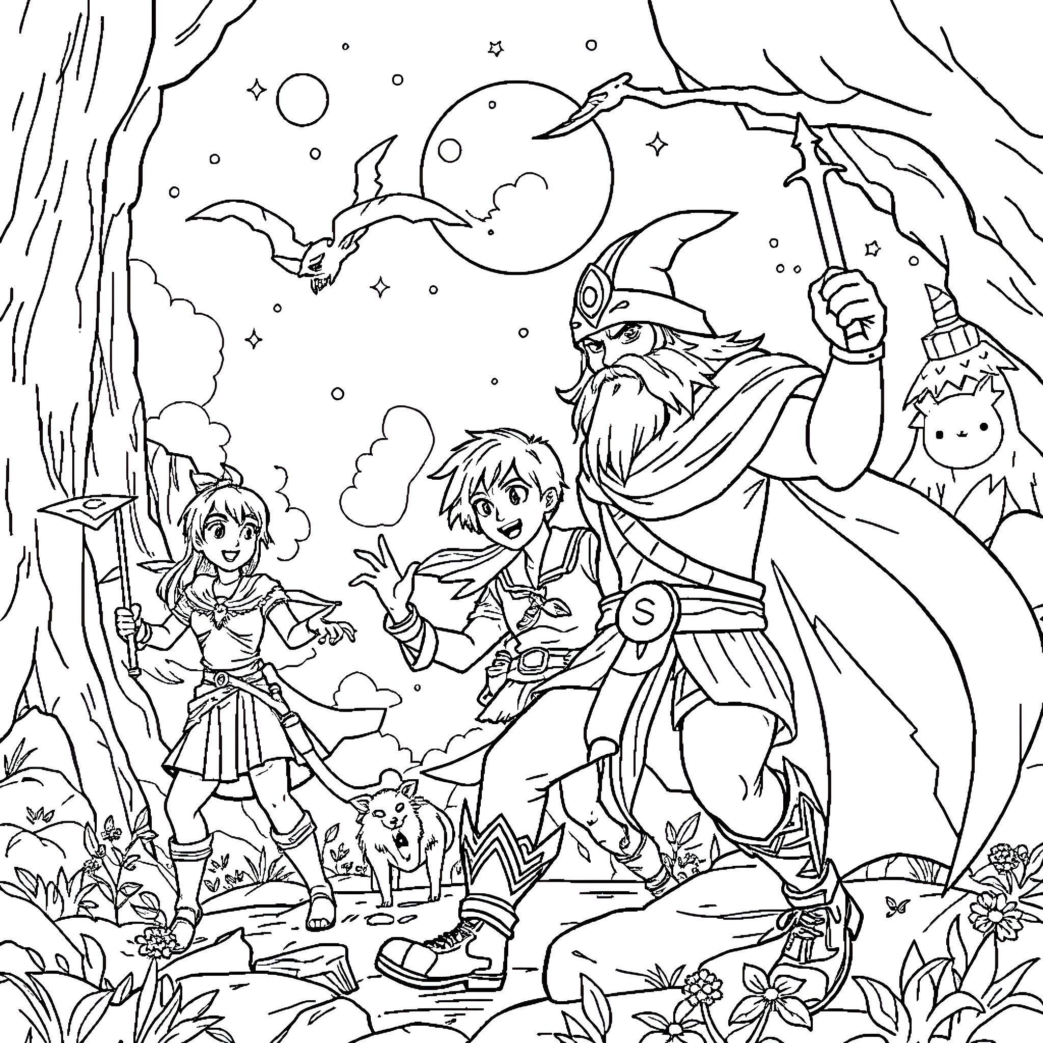 Adventure Time with Magical Companions in the Enchanted Forest Coloring Page (free black-and-white line drawing printable PDF for all, from beginners to advanced learners, including children, teens, adults, and seniors)