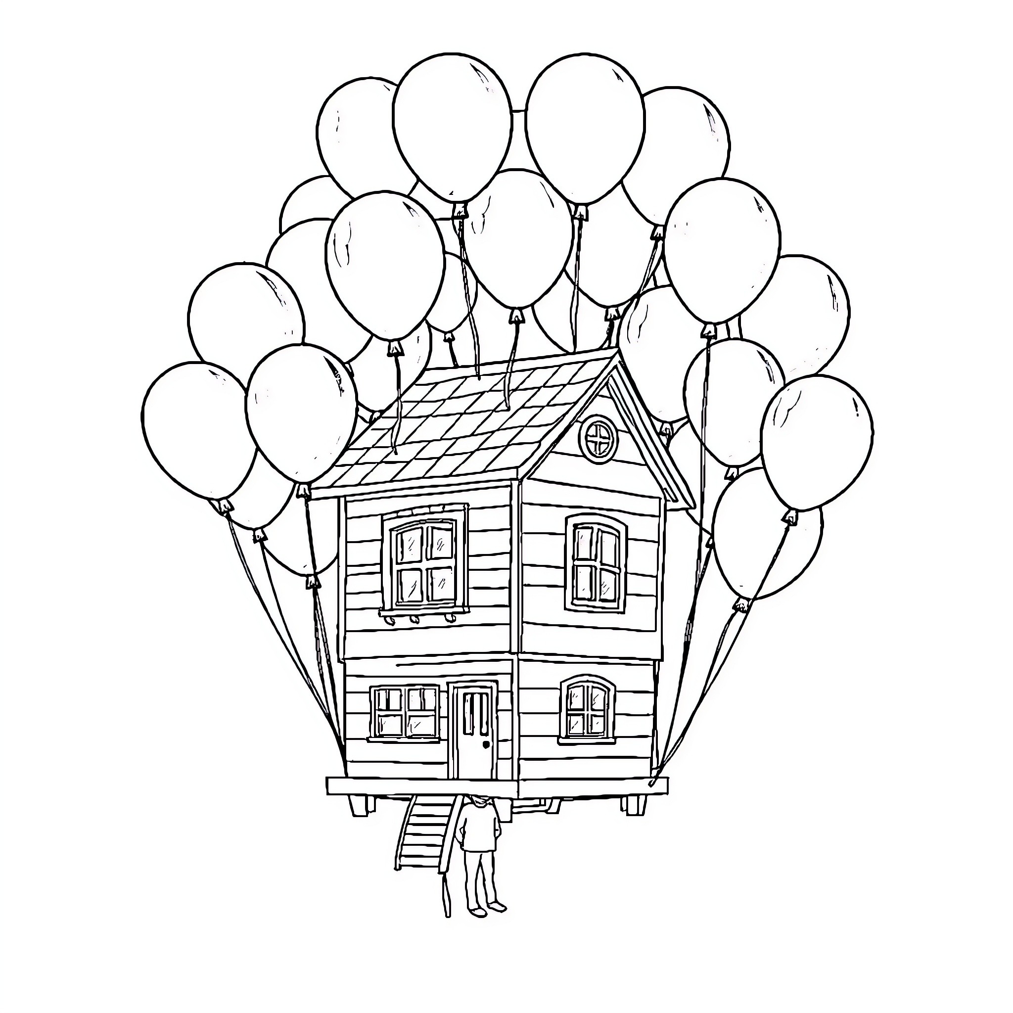 House lifted by colorful balloons Coloring Page (free black-and-white line drawing printable PDF for all, from beginners to advanced learners, including children, teens, adults, and seniors)