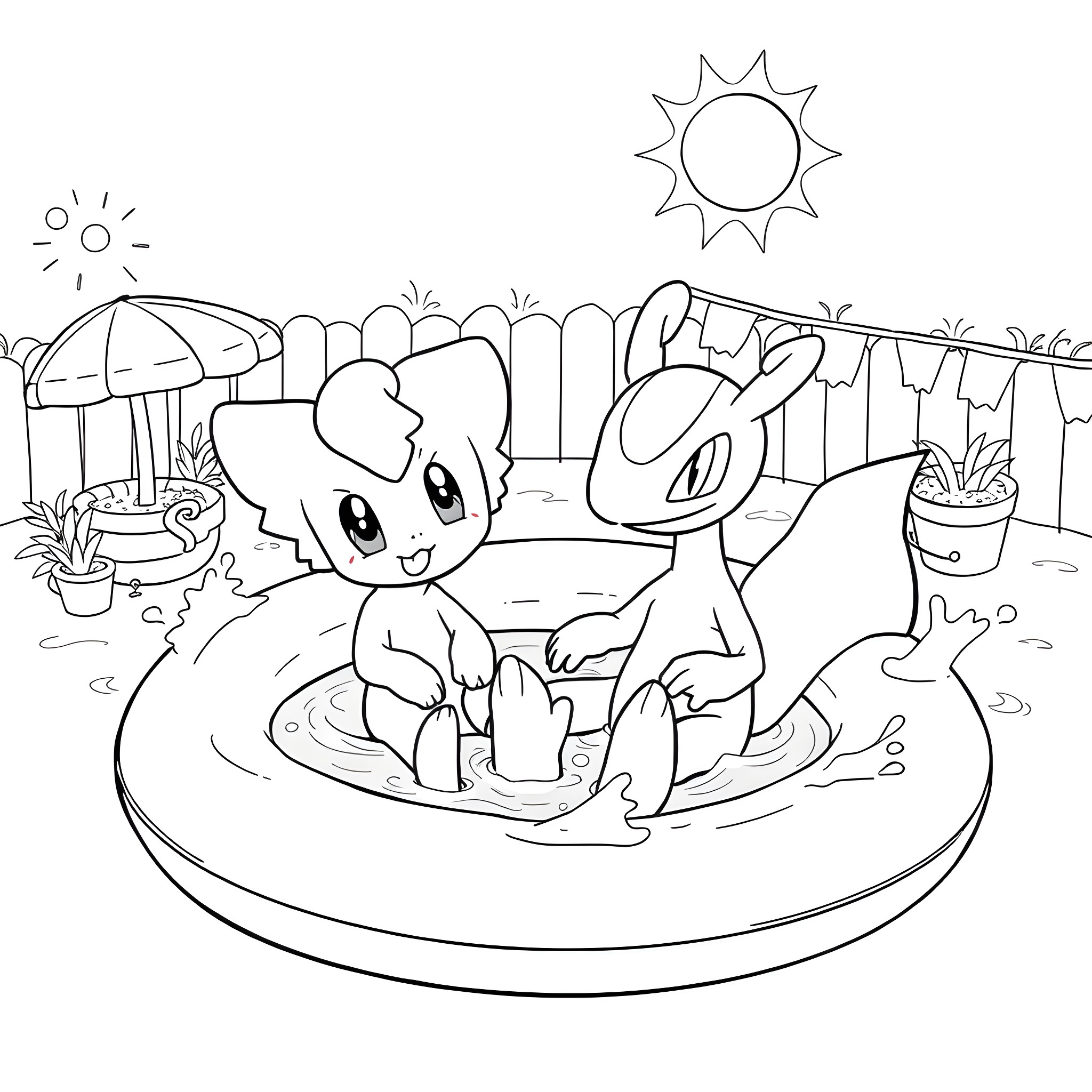Mew playing happily in the wading pool Coloring Page (free black-and-white line drawing printable PDF for all, from beginners to advanced learners, including children, teens, adults, and seniors)