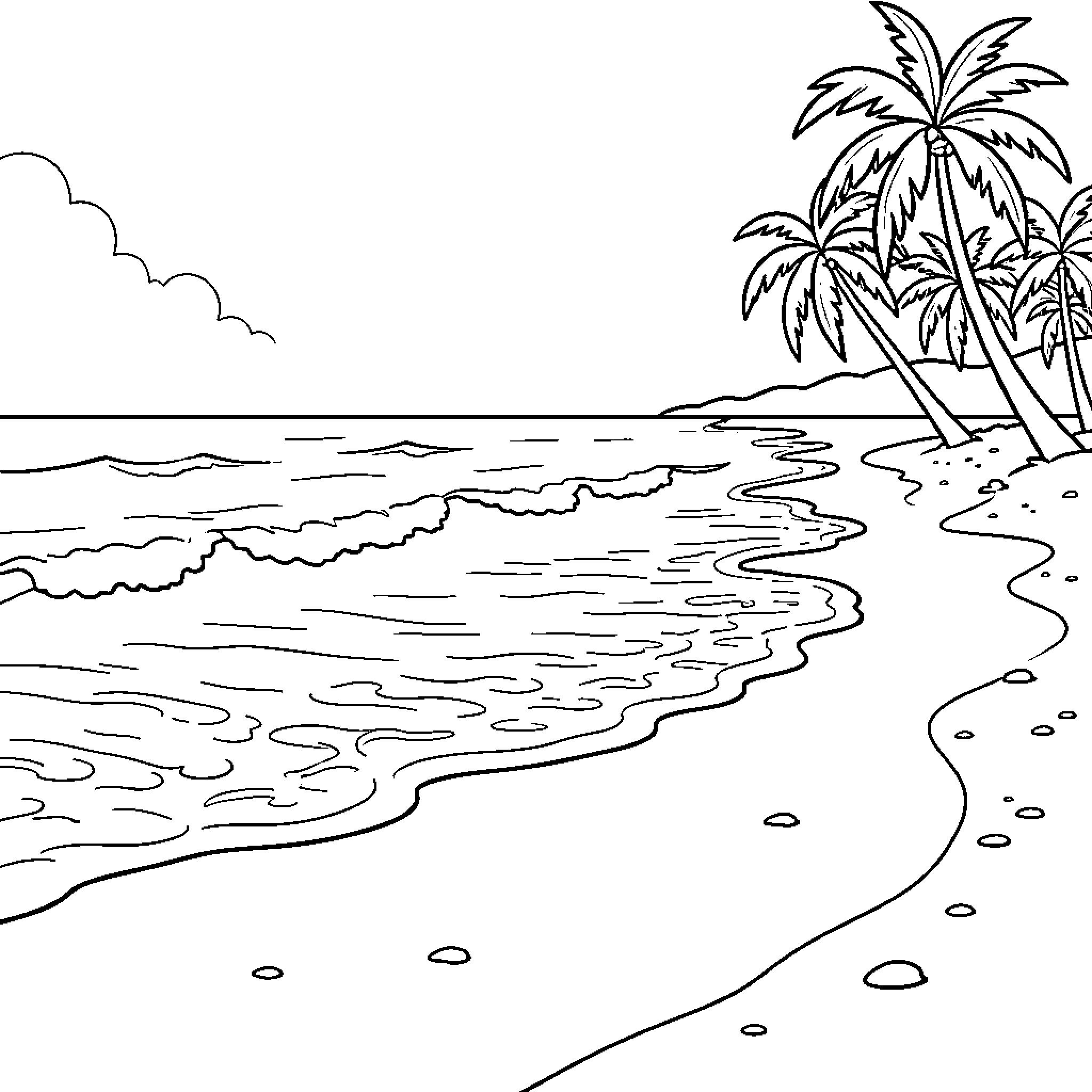 Beach scene with palm trees and waves Coloring Page (free black-and-white line drawing printable PDF for all, from beginners to advanced learners, including children, teens, adults, and seniors)