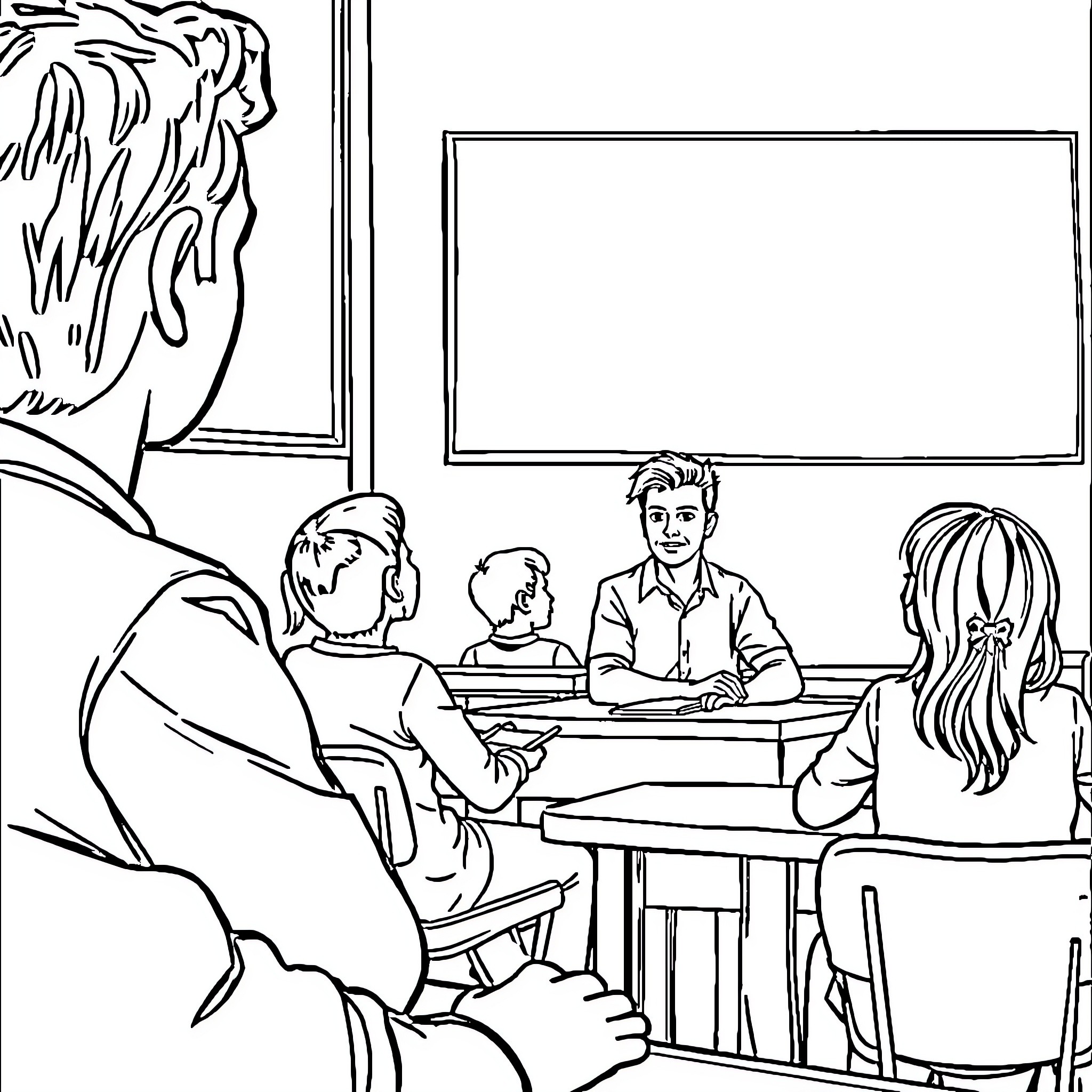 Students engaged in classroom discussion Coloring Page (free black-and-white line drawing printable PDF for all, from beginners to advanced learners, including children, teens, adults, and seniors)
