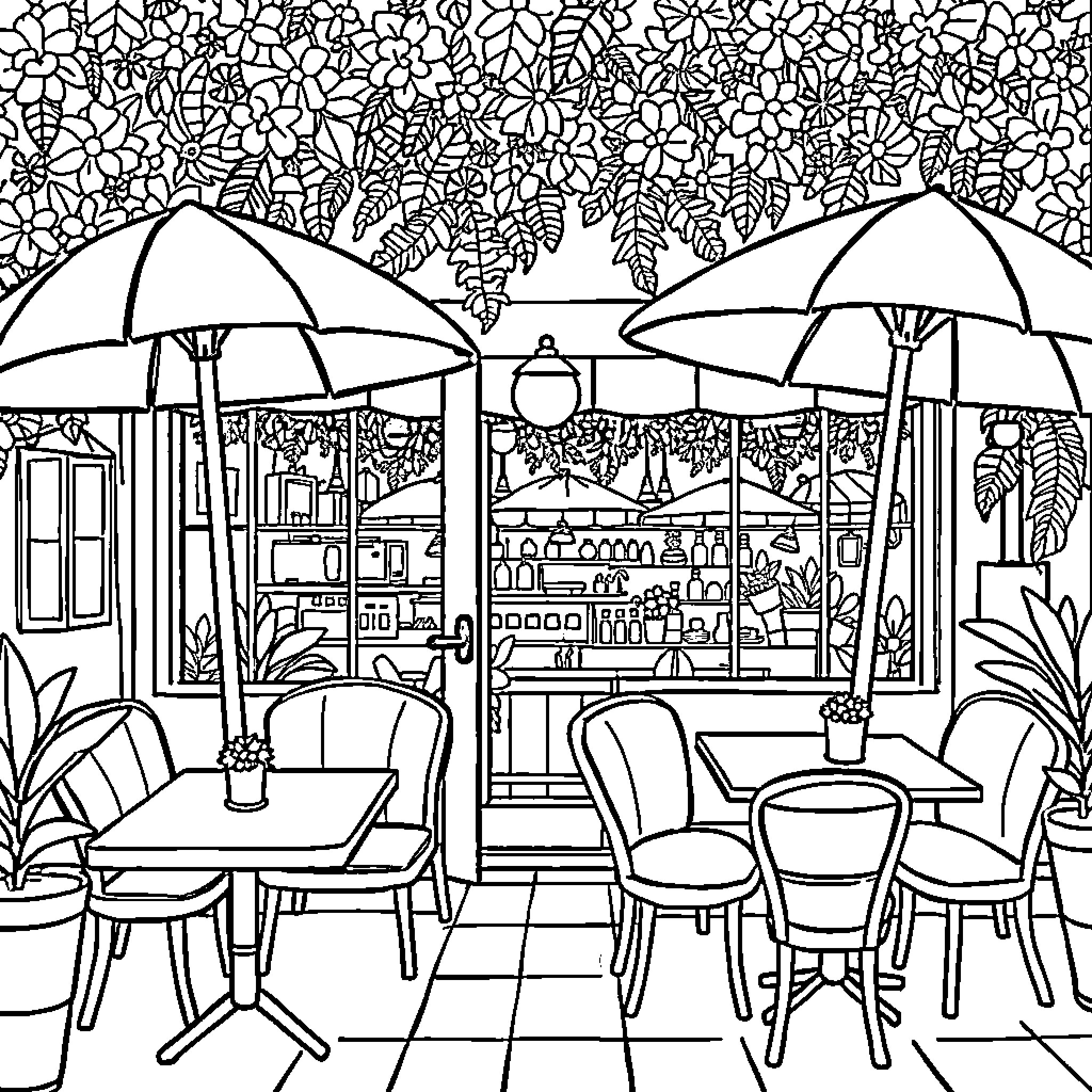 Cafe with Outdoor Seating and Floral Decor Coloring Page (free black-and-white line drawing printable PDF for all, from beginners to advanced learners, including children, teens, adults, and seniors)