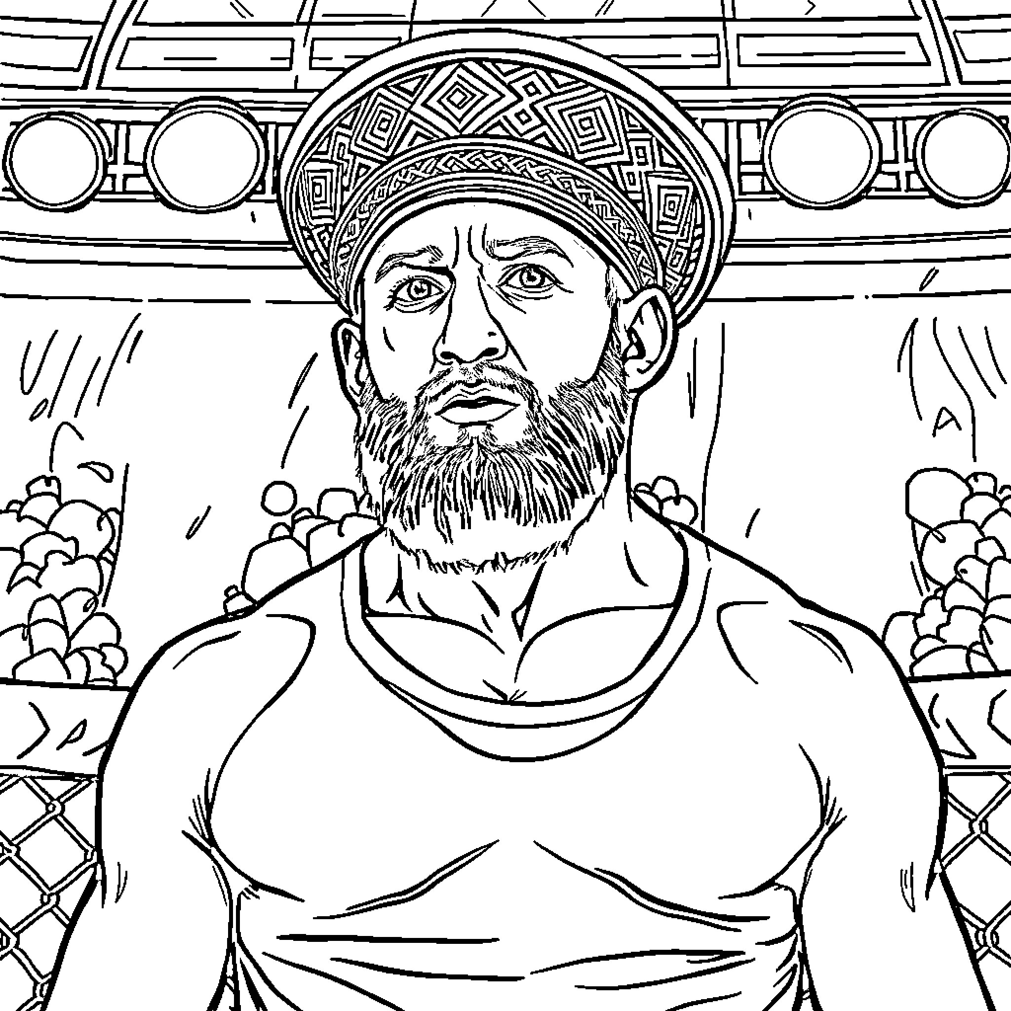 Khabib in traditional cultural garb and setting Coloring Page (free black-and-white line drawing printable PDF for all, from beginners to advanced learners, including children, teens, adults, and seniors)