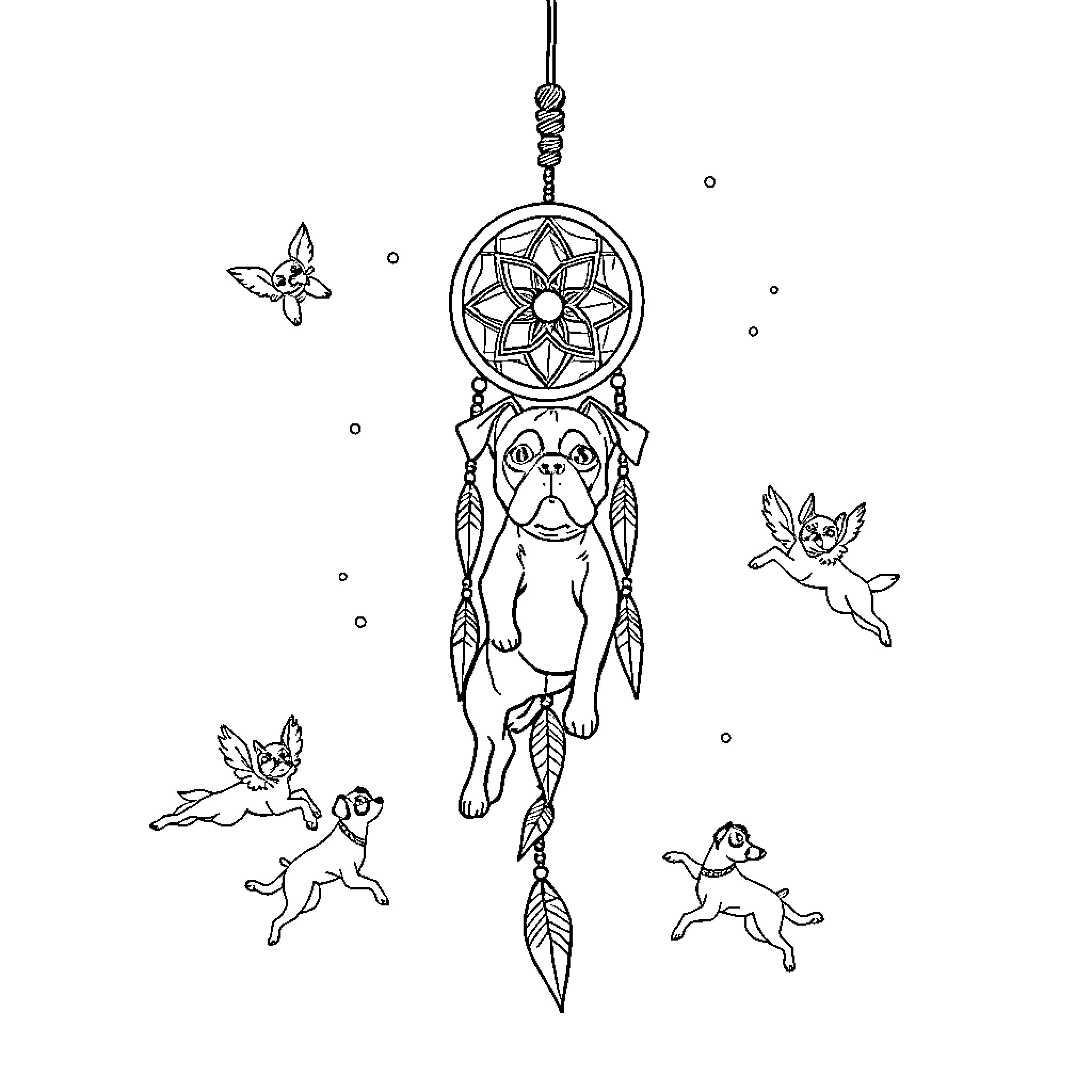 Dream Catcher with Playful Creatures Coloring Page (free black-and-white line drawing printable PDF for all, from beginners to advanced learners, including children, teens, adults, and seniors)