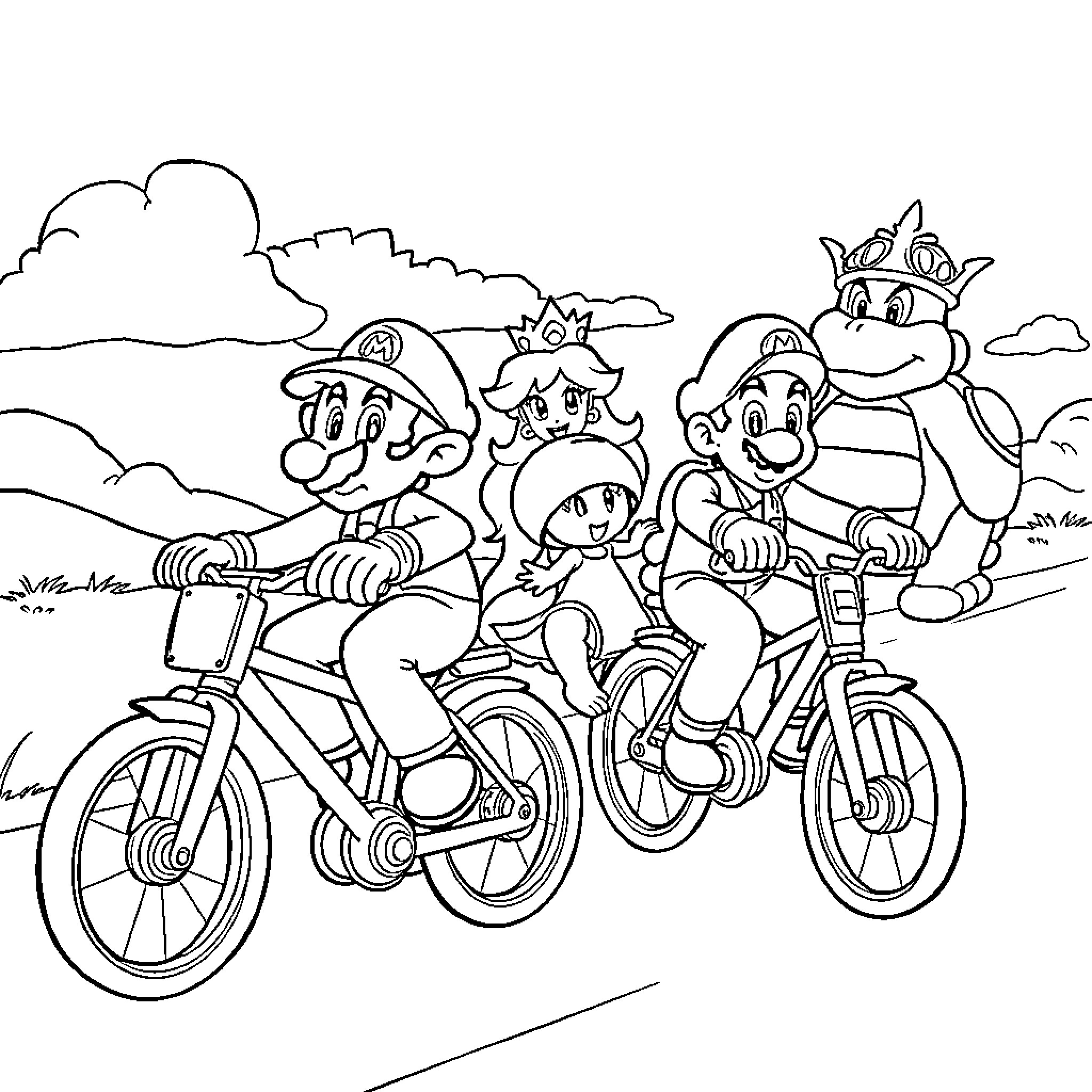 Mario and Friends Enjoying Bicycle Ride Coloring Page (free black-and-white line drawing printable PDF for all, from beginners to advanced learners, including children, teens, adults, and seniors)
