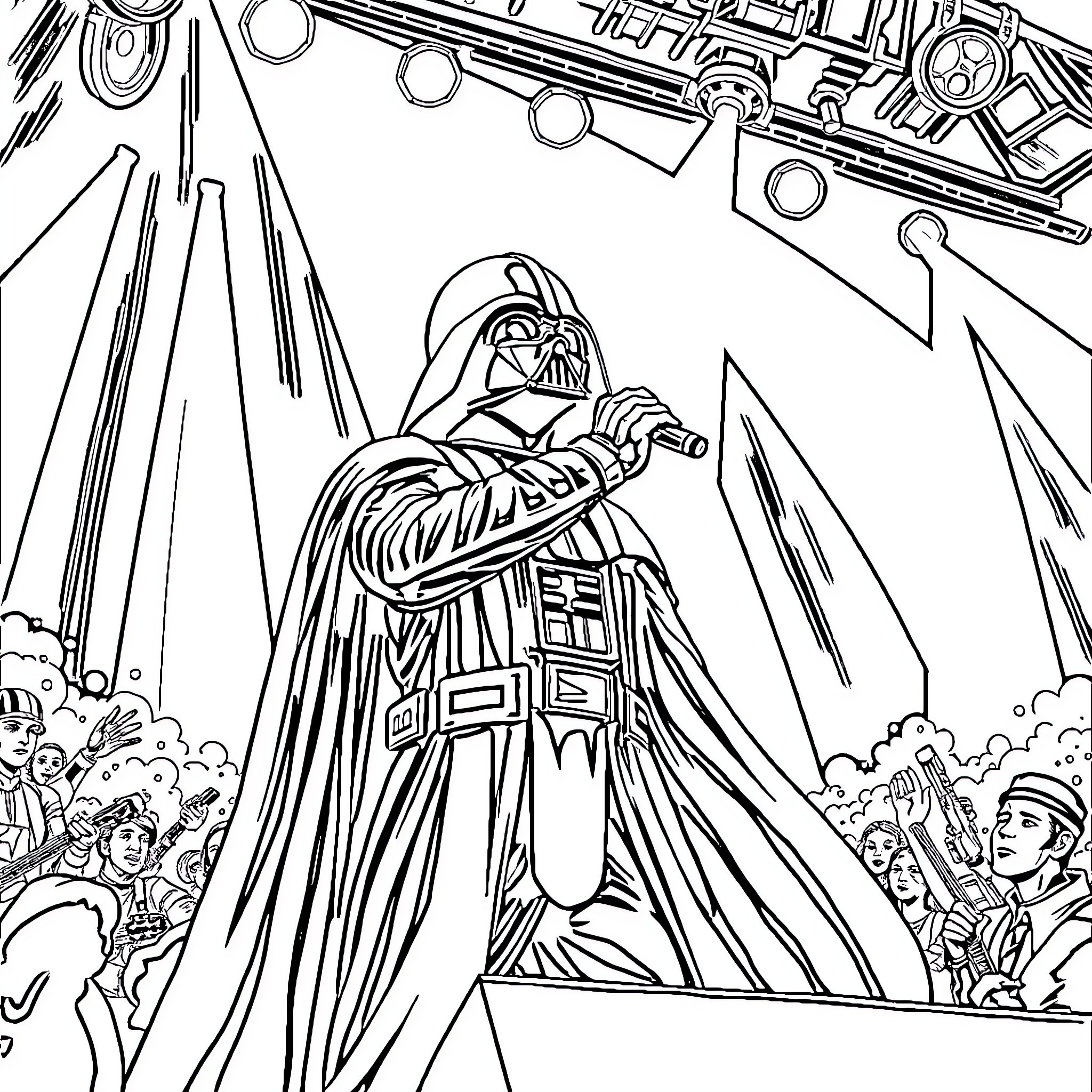 Darth Vader addressing the Imperial forces Coloring Page (free black-and-white line drawing printable PDF for all, from beginners to advanced learners, including children, teens, adults, and seniors)