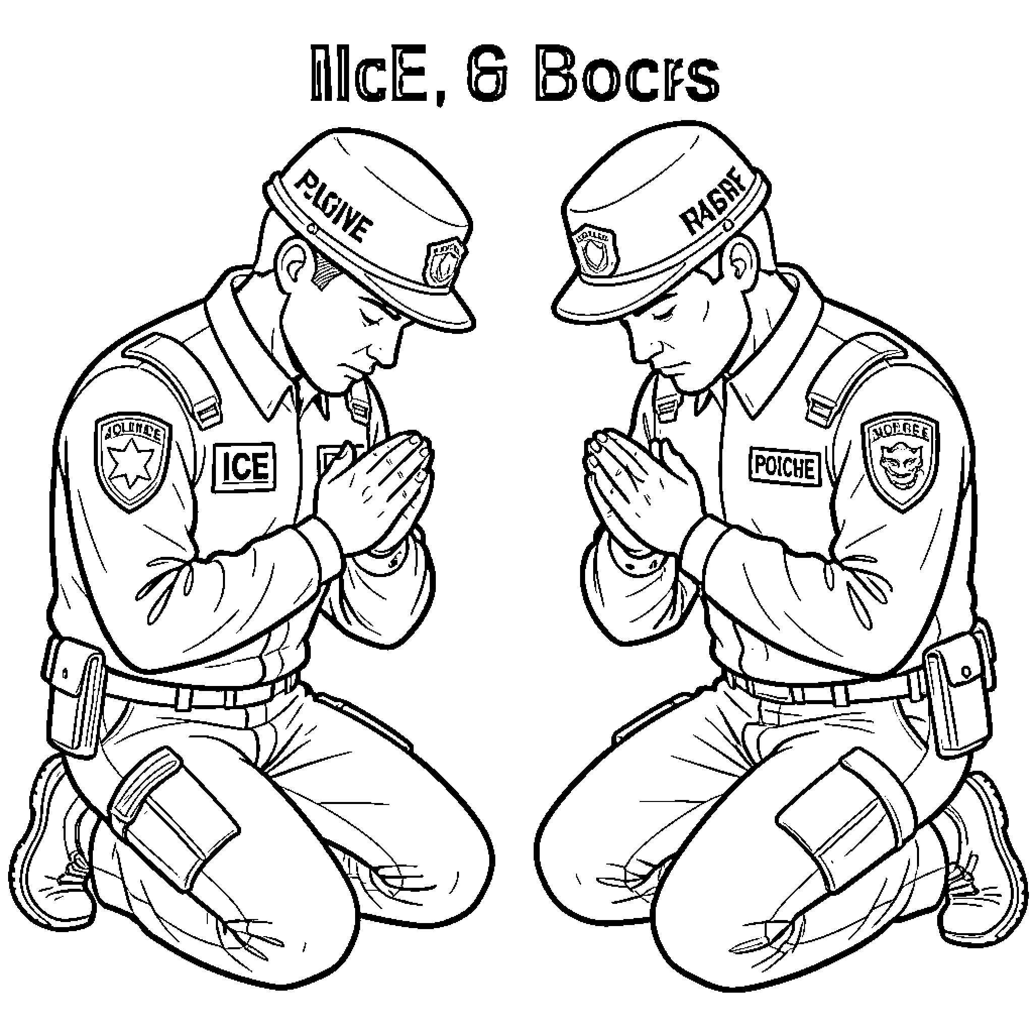 Agent Policemen Praying for Guidance Coloring Page (free black-and-white line drawing printable PDF for all, from beginners to advanced learners, including children, teens, adults, and seniors)
