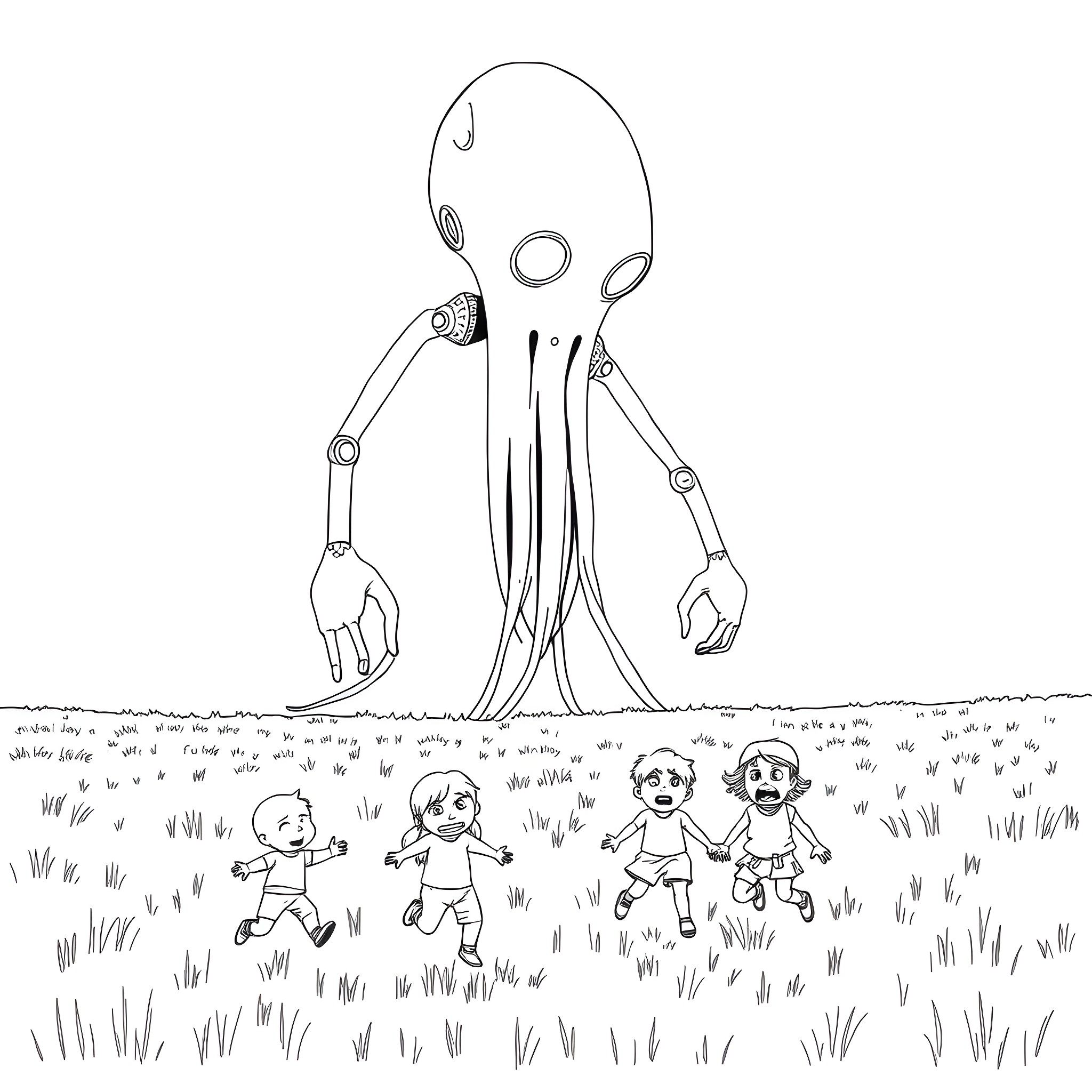 Animatronic Doll Towering Over Delighted Children Coloring Page (free black-and-white line drawing printable PDF for all, from beginners to advanced learners, including children, teens, adults, and seniors)