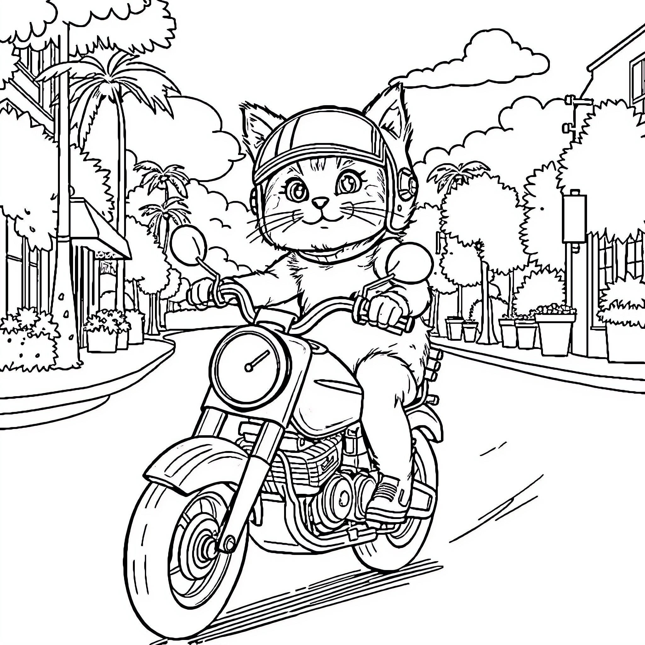 Cat riding motorcycle on city street Coloring Page (free black-and-white line drawing printable PDF for all, from beginners to advanced learners, including children, teens, adults, and seniors)