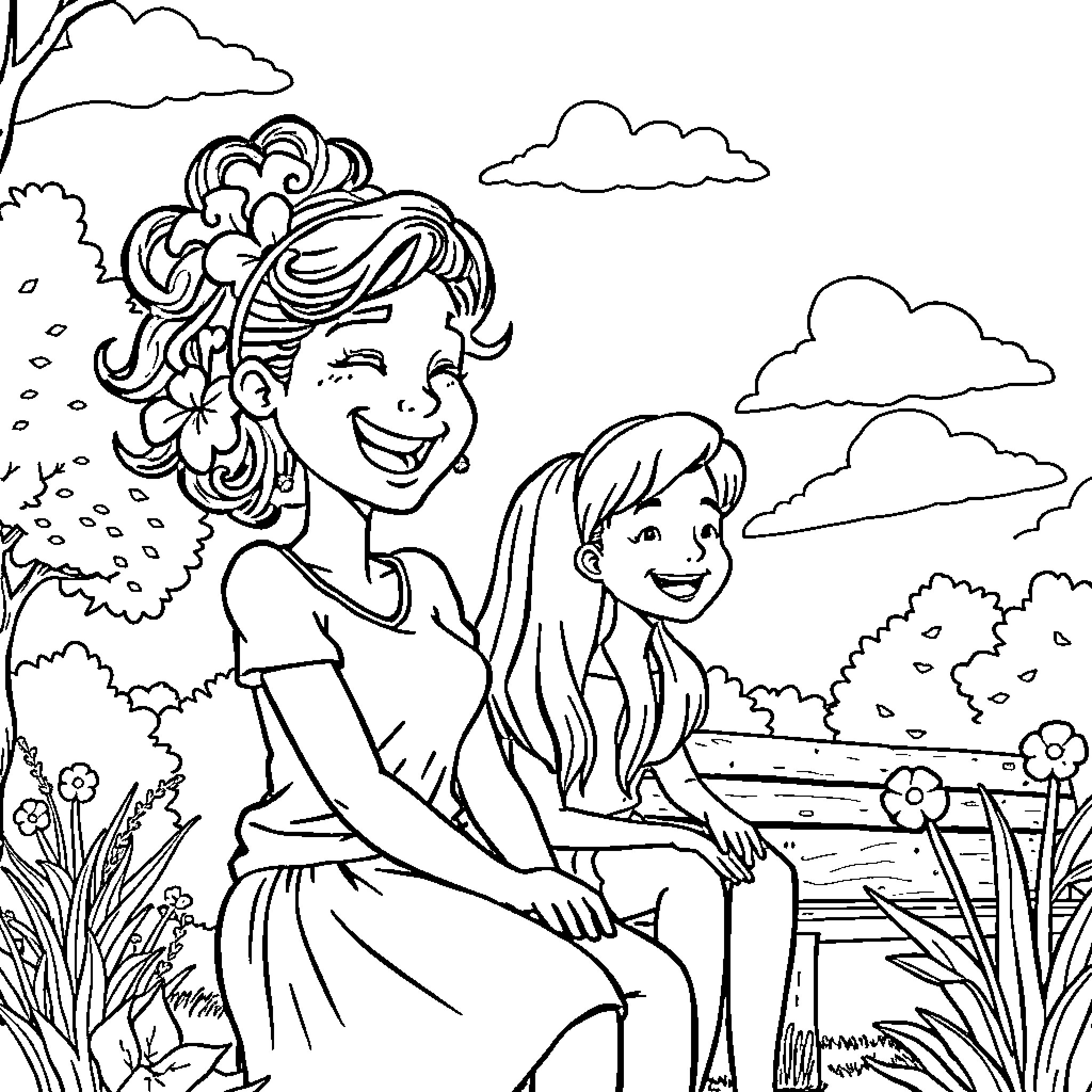 Gabi and her daughter enjoy the garden together Coloring Page (free black-and-white line drawing printable PDF for all, from beginners to advanced learners, including children, teens, adults, and seniors)
