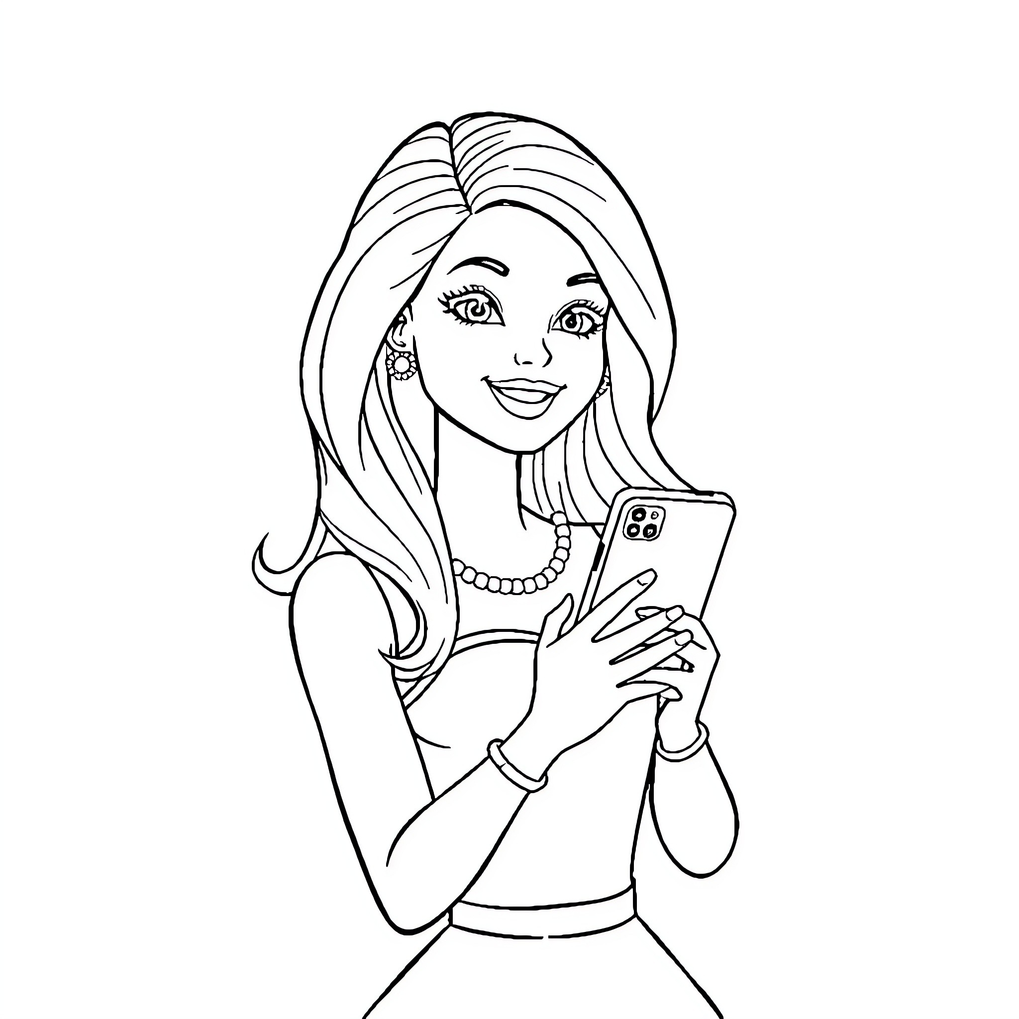 Barbie taking a selfie with a smartphone Coloring Page (free black-and-white line drawing printable PDF for all, from beginners to advanced learners, including children, teens, adults, and seniors)