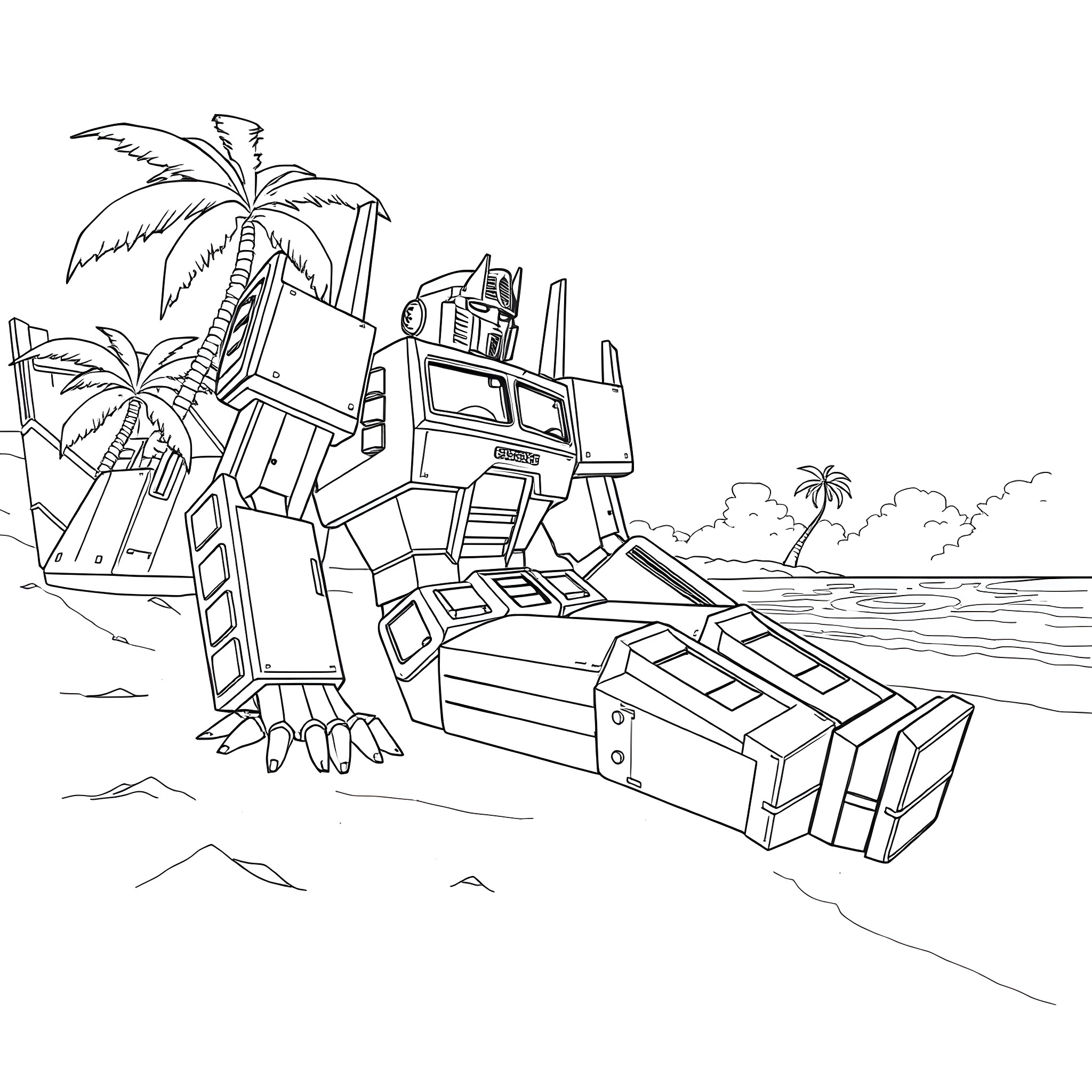 Optimus Prime relaxing on a tropical beach Coloring Page (free black-and-white line drawing printable PDF for all, from beginners to advanced learners, including children, teens, adults, and seniors)