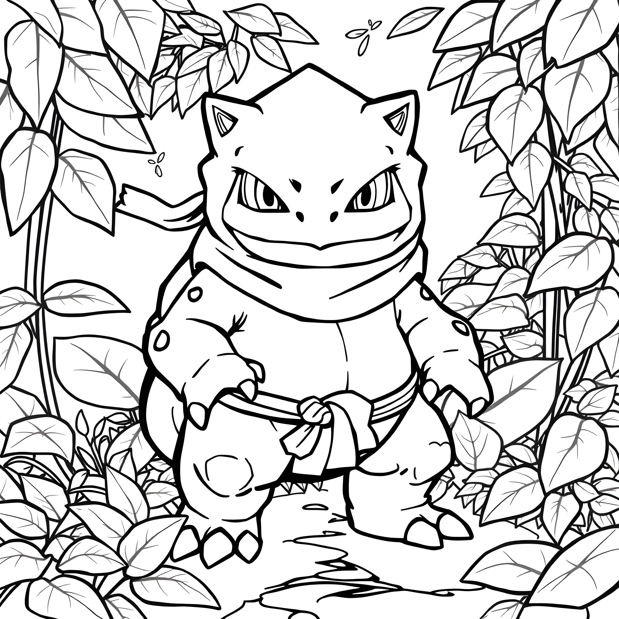Venusaur exploring the lush foliage Coloring Page (free black-and-white line drawing printable PDF for all, from beginners to advanced learners, including children, teens, adults, and seniors)