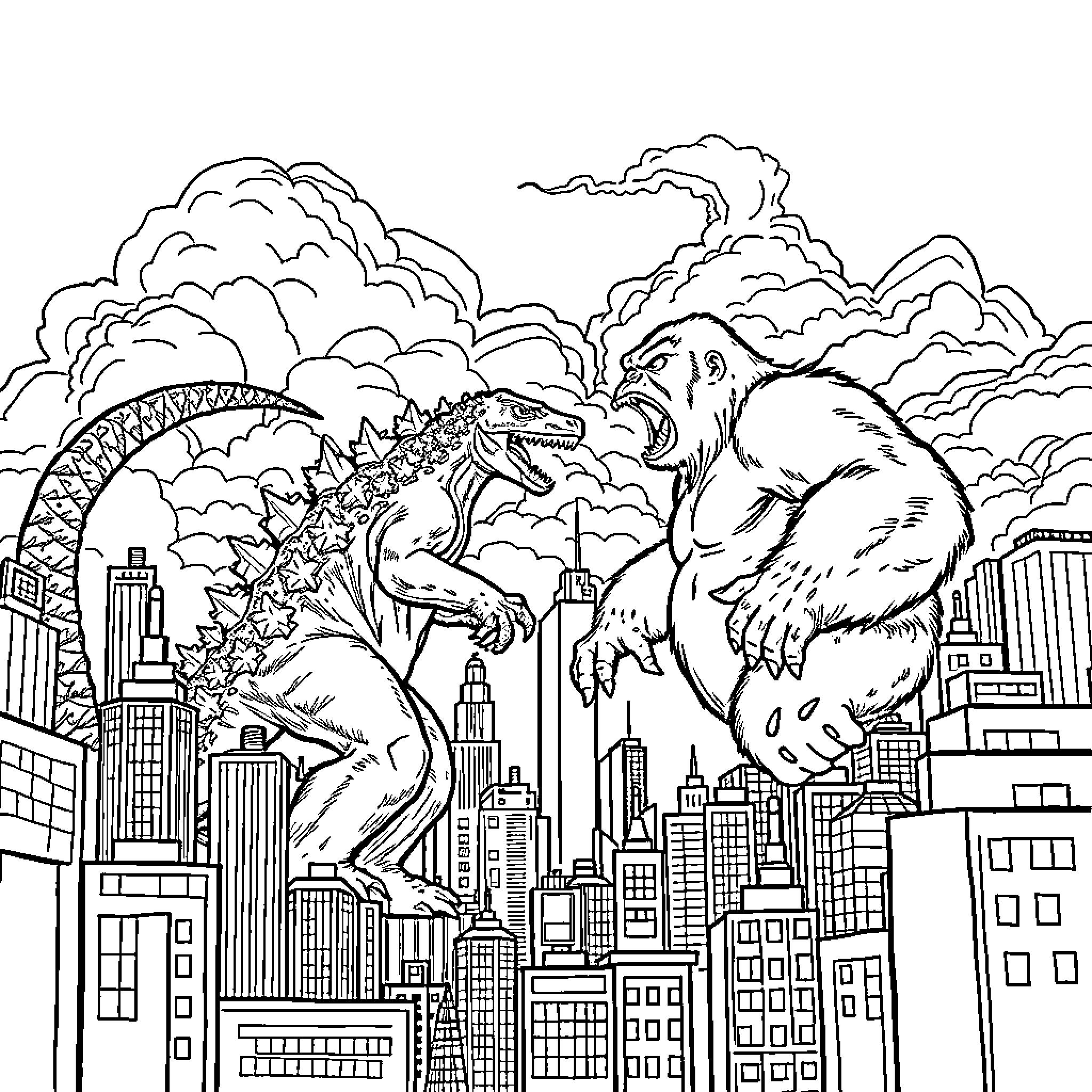 Godzilla vs. Giant Gorilla Battling in the City Coloring Page (free black-and-white line drawing printable PDF for all, from beginners to advanced learners, including children, teens, adults, and seniors)
