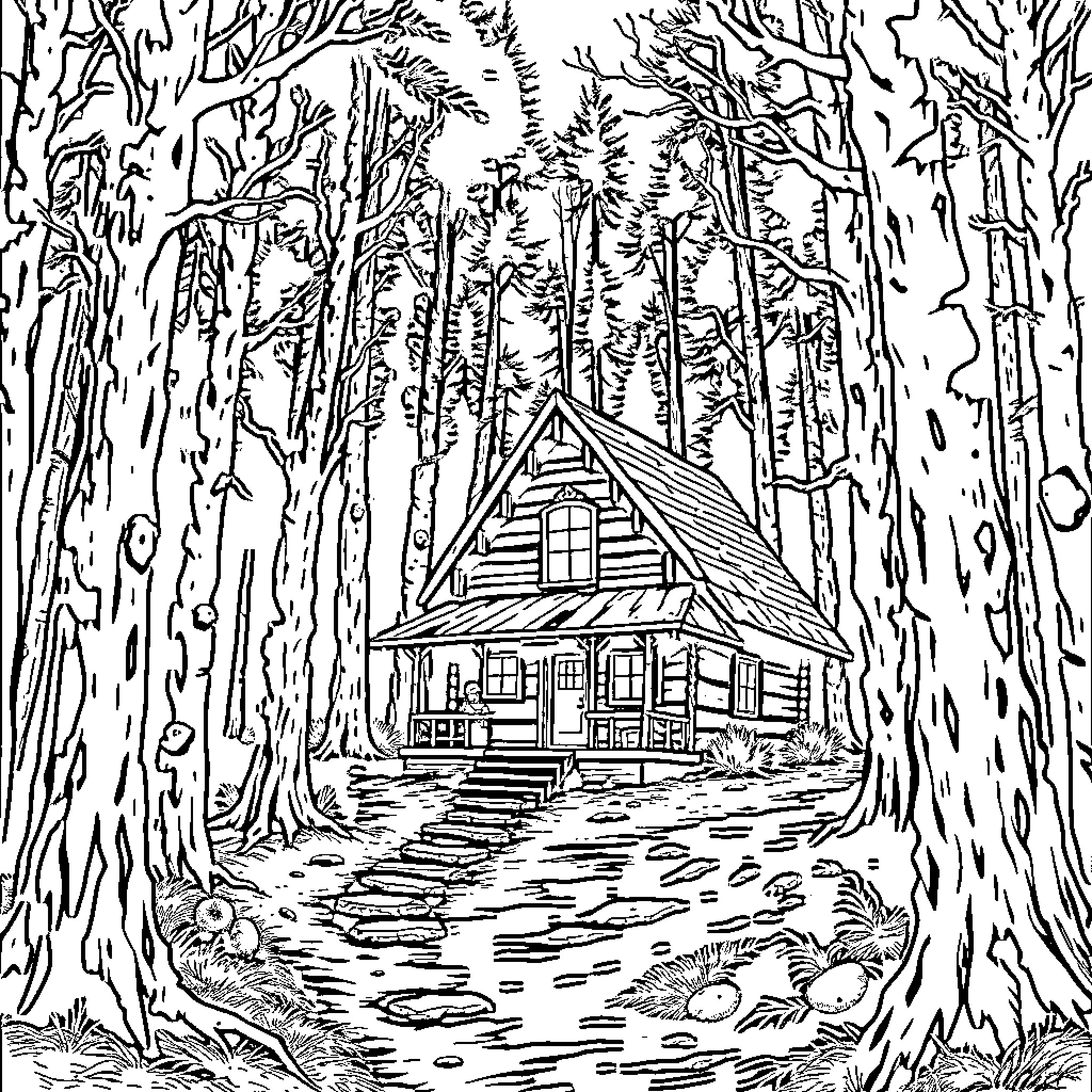 Cabin in the Enchanted Forest Coloring Page (free black-and-white line drawing printable PDF for all, from beginners to advanced learners, including children, teens, adults, and seniors)
