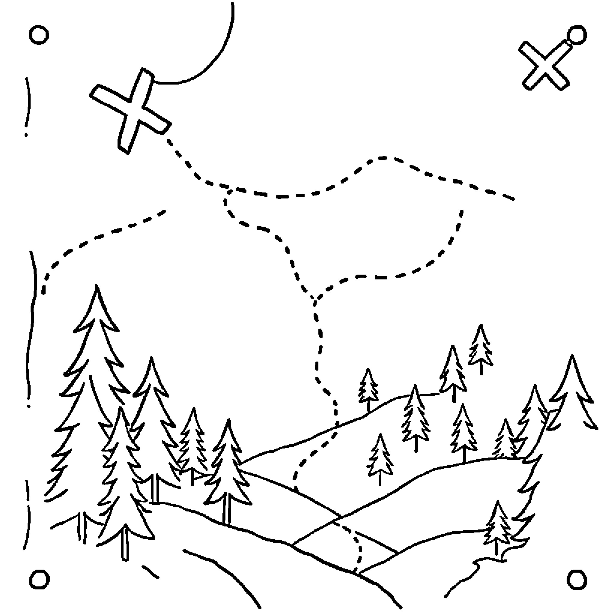 Treasure Map of a Winding Path through the Forest Coloring Page (free black-and-white line drawing printable PDF for all, from beginners to advanced learners, including children, teens, adults, and seniors)