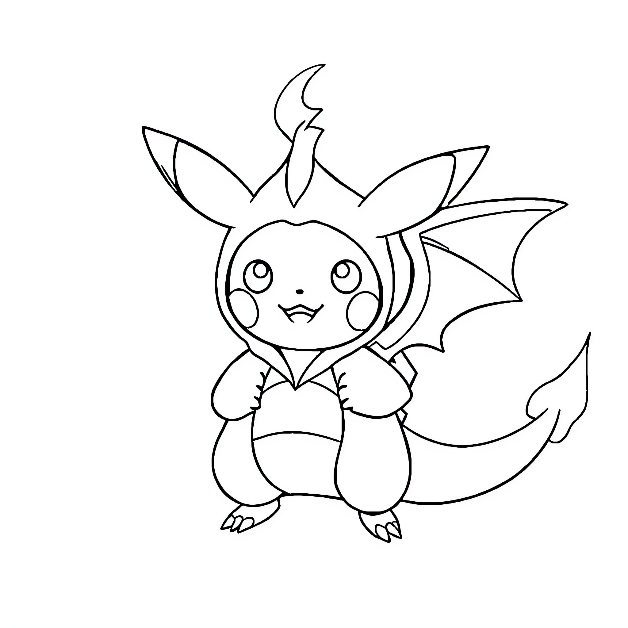 Pikachu as a cute winged creature Coloring Page (free black-and-white line drawing printable PDF for all, from beginners to advanced learners, including children, teens, adults, and seniors)