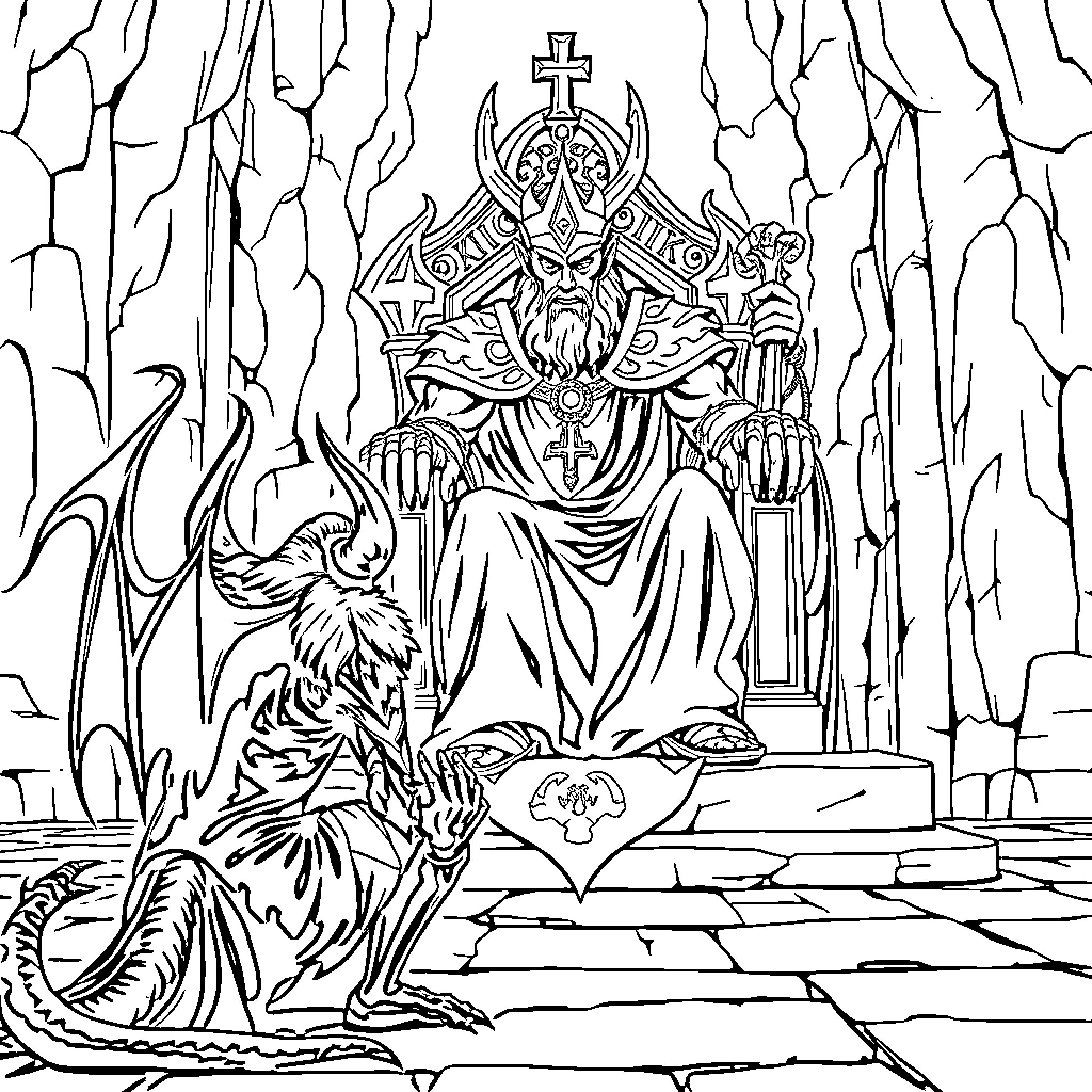 King of the Underworld on Throne with Demon Coloring Page (free black-and-white line drawing printable PDF for all, from beginners to advanced learners, including children, teens, adults, and seniors)