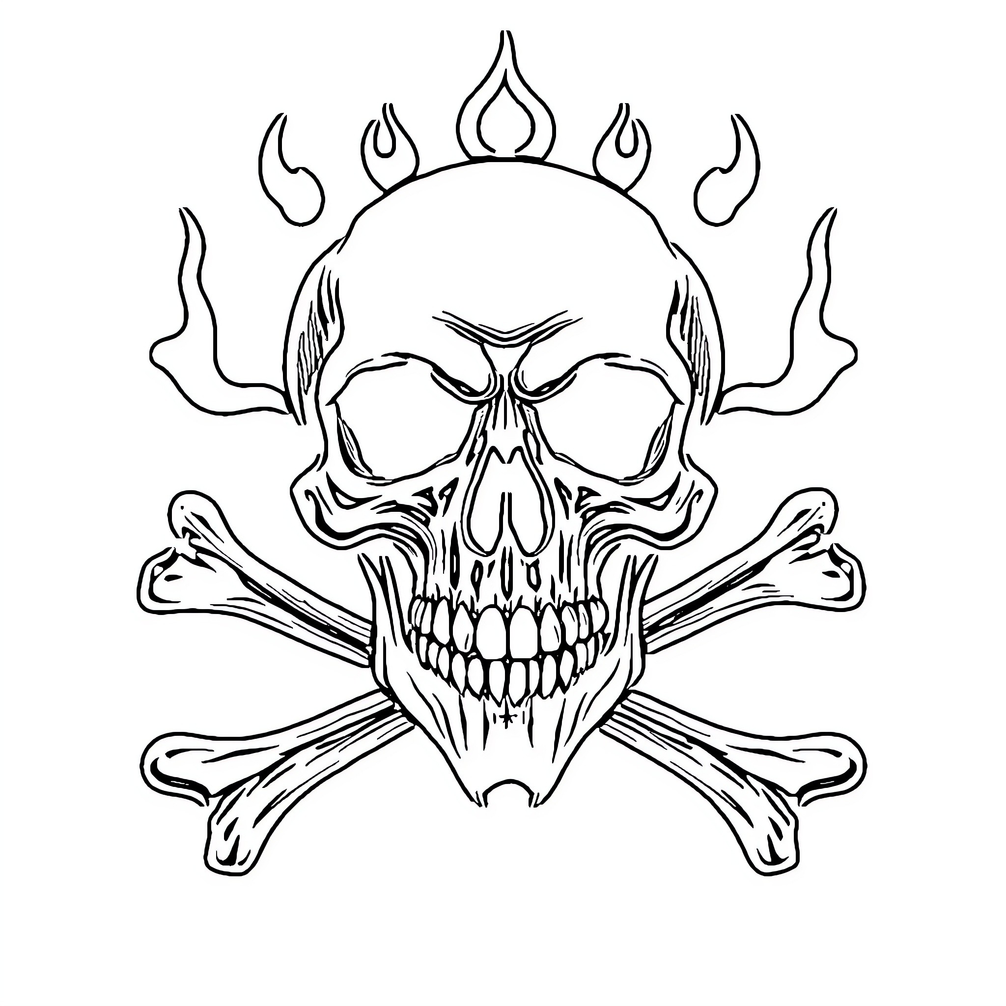 Skull with Flames and Crossbones Coloring Page (free black-and-white line drawing printable PDF for all, from beginners to advanced learners, including children, teens, adults, and seniors)