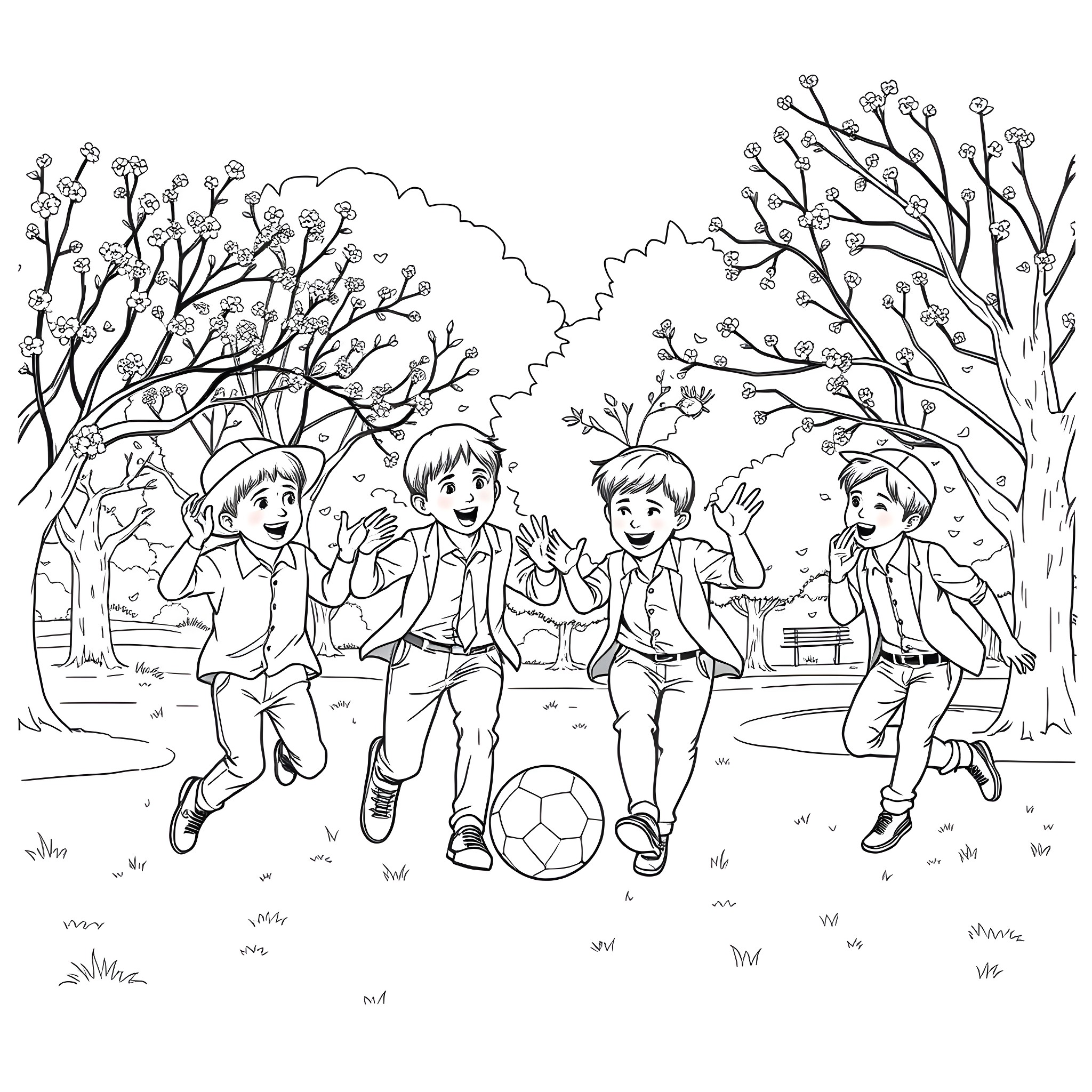 Boys playing happily with soccer ball in the park Coloring Page (free black-and-white line drawing printable PDF for all, from beginners to advanced learners, including children, teens, adults, and seniors)