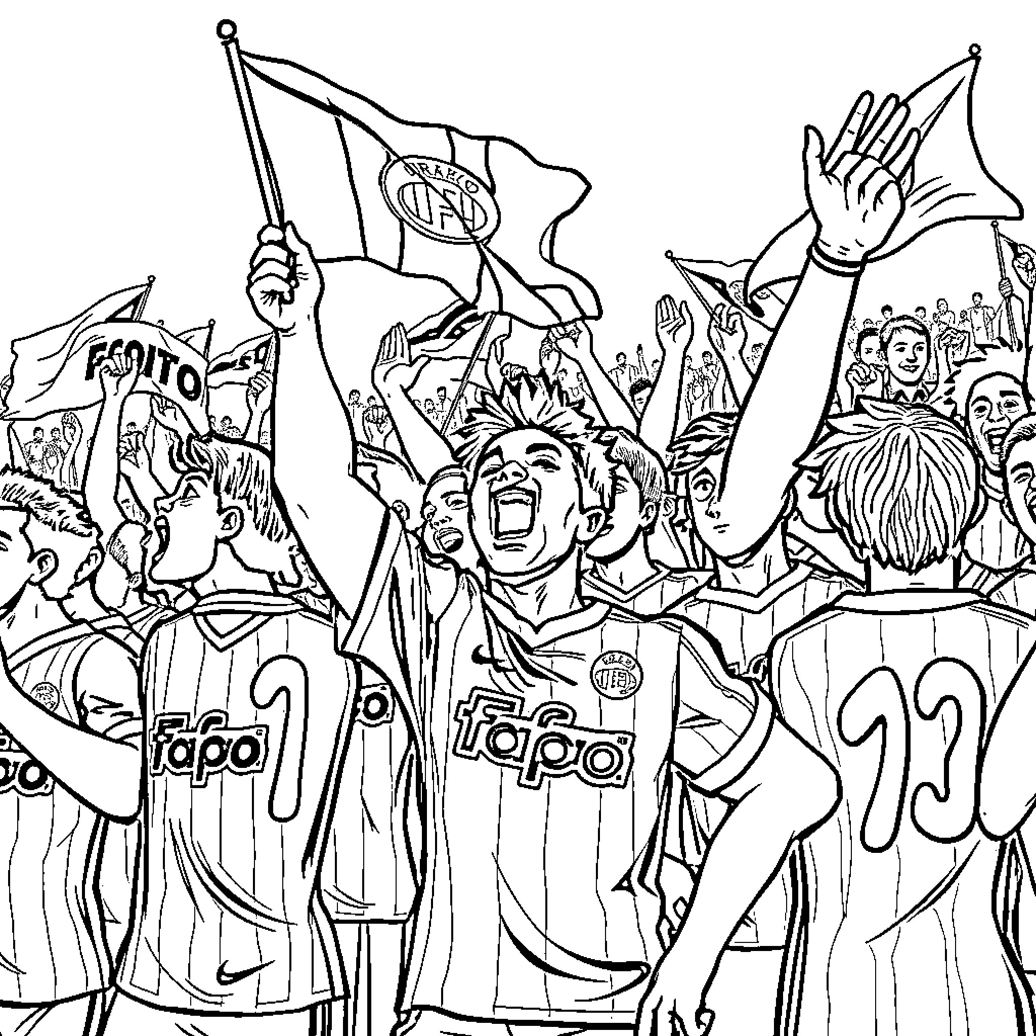 Brainrot: Passionate Soccer Fans Celebrate Victory Coloring Page (free black-and-white line drawing printable PDF for all, from beginners to advanced learners, including children, teens, adults, and seniors)