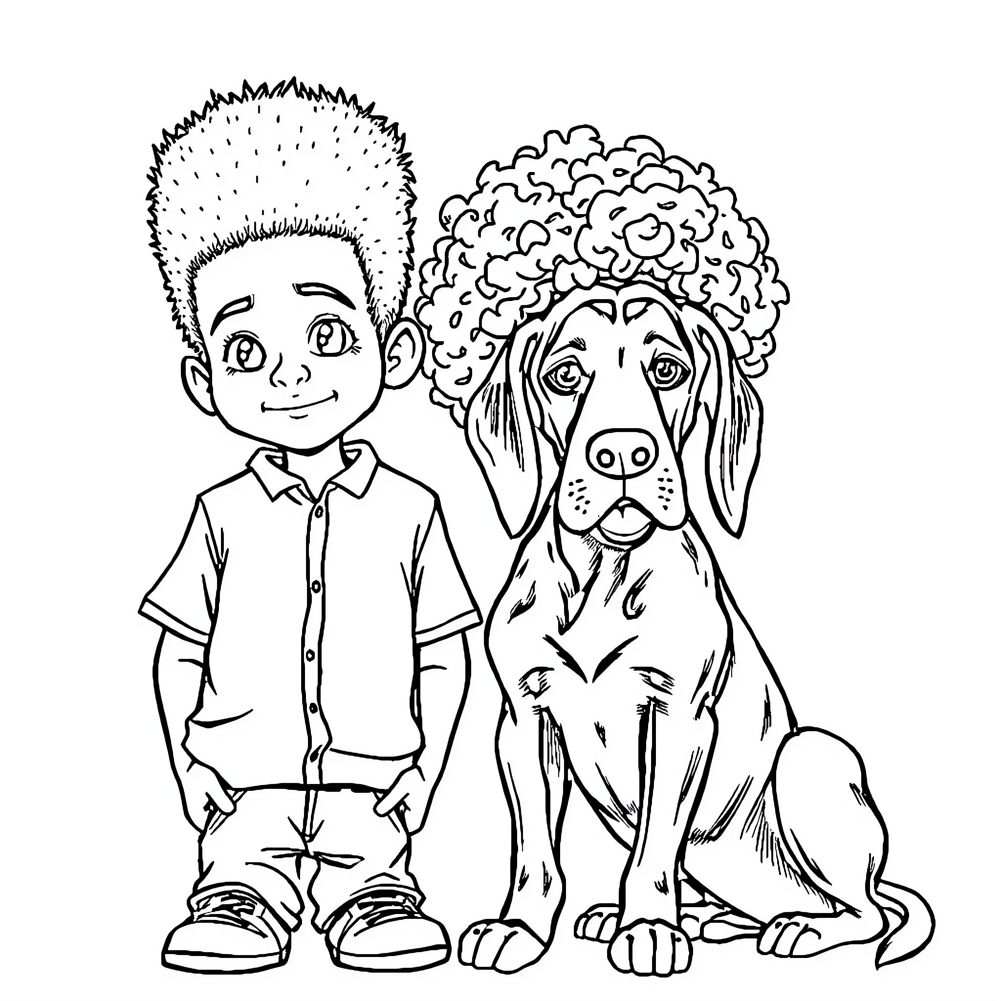 Boy and his Playful Puppy Friend Coloring Page (free black-and-white line drawing printable PDF for all, from beginners to advanced learners, including children, teens, adults, and seniors)