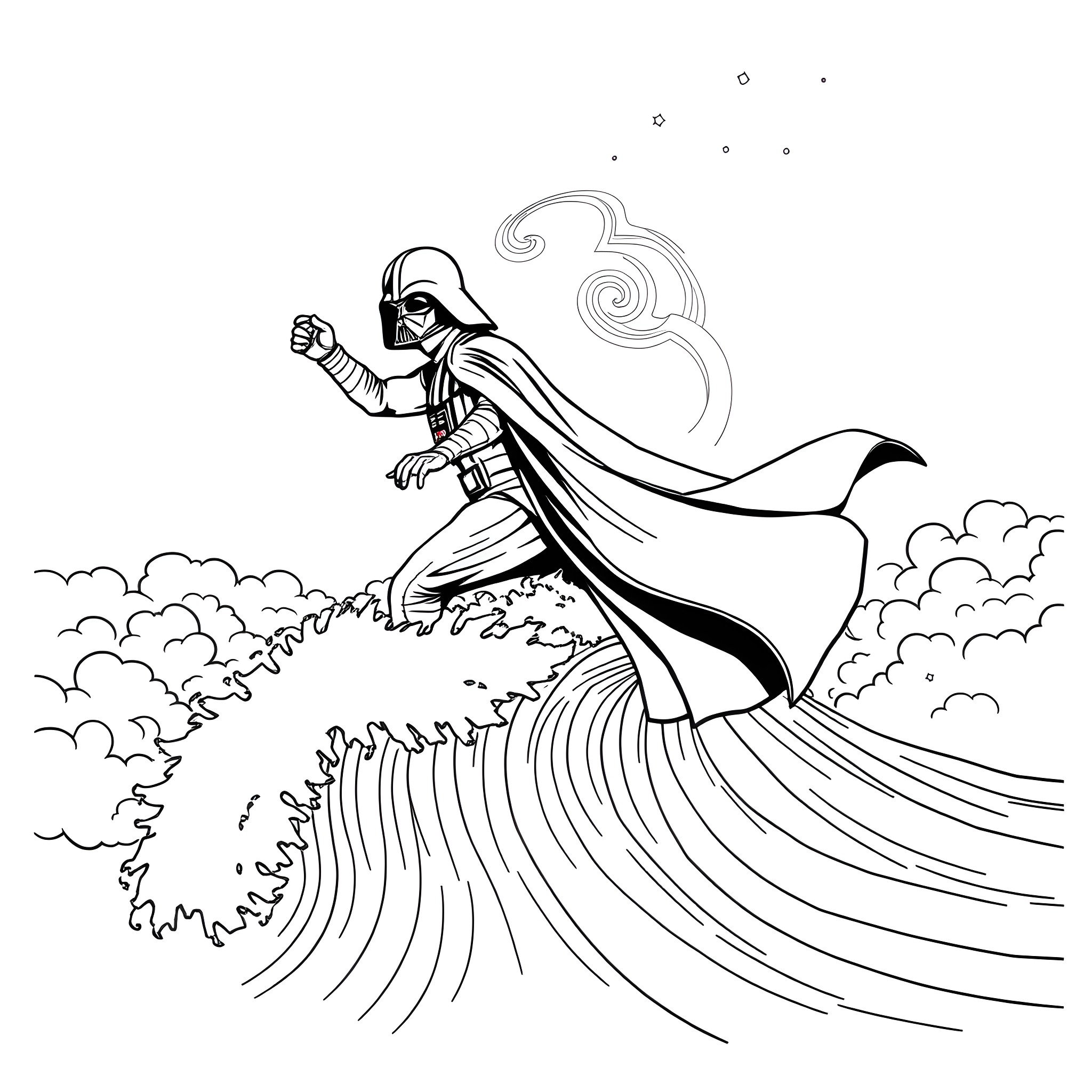 Darth Vader Commanding the Waves Coloring Page (free black-and-white line drawing printable PDF for all, from beginners to advanced learners, including children, teens, adults, and seniors)