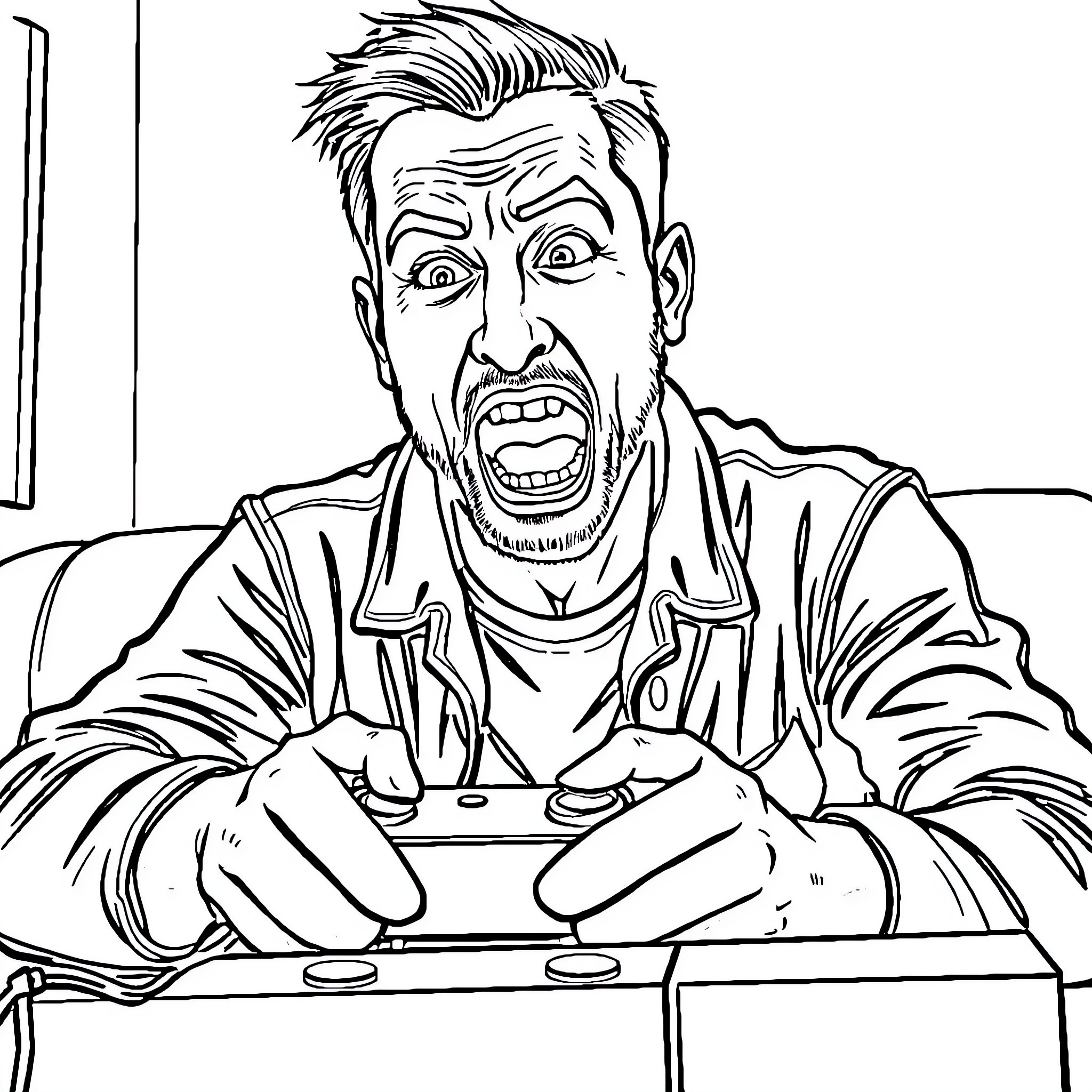 Man intensely playing video game with exaggerated expression Coloring Page (free black-and-white line drawing printable PDF for all, from beginners to advanced learners, including children, teens, adults, and seniors)